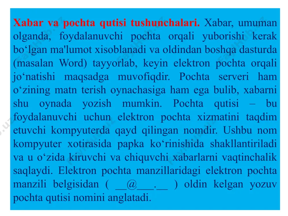 oldirmaydi. qisqa yozing. elektron pochtada yozayotgan xatingizni mazmunini qisqa va aniq ko‘rsata biling. xatingizdagi xatolar va fikrdan chiqib ketishlik birinchi o‘rinda xatingizni emas, balki sizning o‘zingizni xarakterlaydi. - o‘z xatingizni boshqa manzillarga ko‘chirishlikdan saqlaning. o‘z xatingizni faqatgina shu xat tegishli bo‘lgan manzillarga jo‘nating. aks holda, xatlarni ko‘p manzillarga jo‘natish hamkorlaringizda yaxshi taassurot uyg‘otmasligi mumkin. − kerak bo‘lmagan taqdirda o‘z xatingizga javob va so‘rovlar yo‘llamang. kerak bo‘lmagan taqdirda «iltimos javob bering» yoki «iltimos xatni tasdiqlang» kabi so‘rovlarni yo‘llamang. − so‘rovlarga to‘liq javob bering. so‘rovlarga javob berishda qisqa «ha» yoki «yo‘q« kabi javob bermang. bu hol xat oluvchida tushunmovchiliklarga olib kelishi mumkin. image1.png image2.jpeg /docprops/thumbnail.jpeg