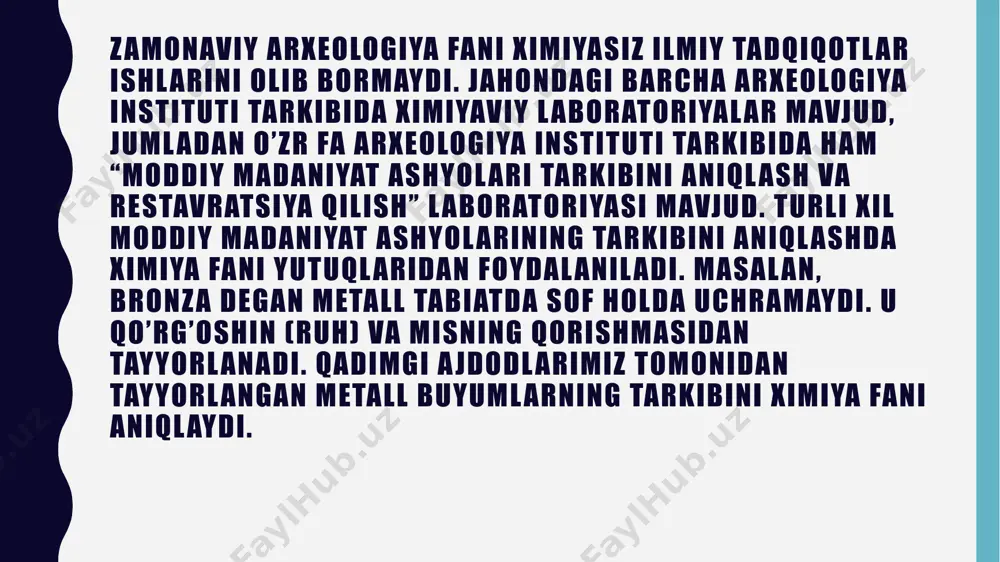 aqlash, namunalarga ishlov berish va zararli mikroorganizmlardan himoya qilishdir. quyida ba’zi keng tarqalgan kimyoviy vositalar: 1. konservatsiya va himoya vositalari: polivinil atsetat (pva) – suyak va keramika buyumlarini mustahkamlash uchun ishlatiladi. paraloid b-72 – mo‘rt topilmalarni saqlash va konservatsiya qilish uchun. mikrokristallin mum – metall buyumlarni oksidlanishdan saqlash uchun. singan shishani tiklash loydan yasalgan predmetlarni saqlash restavratsiya qilish. loydan yasalgan haykallar, tablichkalar, terrakotalar juda tez maydalanib ketish xususiyatiga ega. shu sababli ular qotirishga, restavratsiya qilishga muhtoj. ular har haftada bir marta kimyoviy yo’l bilan qotirib boriladi. qattiq moddaga aylangandan so’ng bu ish to’xtatiladi. loydan yasalgan predmetlarni kimiyoviy yo’l bilan qotirishning kamchilligi shundan iboratki, predmet rangga bo’yalgan san’at asari bo’lsa ranglar ximikat ta’sirida o’zgarib ketadi. suyaklarni qotirish usuli. suyaklar namlik ta’sirida mo’rd holatga kelib qoladi. shu sababli ularni kimiyoviy usul bilan qotirish tavsiya etiladi. qotirishdan avval suyak tuproqdan tozalanadi va turgan joyida qotiriladi va 1 sutkadan so’ng olish tavsiya etiladi. devoriy …
