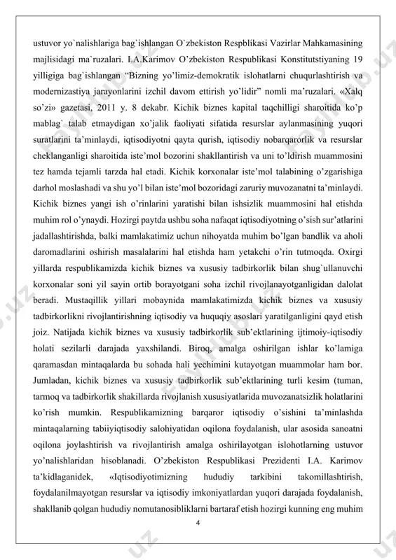 esurslar va iqtisodiy imkoniyatlardan yuqori darajada foydalanish, shakllanib qolgan hududiy nomutanosibliklarni bartaraf etish hozirgi kunning eng muhim masalalaridan biridir” i.a karimov o`zbekiston xxi asr bo`s`ag`sida xavfsizlikka tahdid barqarorlik shartlari va taraqqiyot islohotlari. toshkent. ozbekiston, 2000y. o’zining boy tabiiy-iqtisodiy salohiyati bilan respublika iqtisodiyotida buxoro viloyati alohida o’ringa ega. buxoro viloyatida ishlab chiqarilayotgan yalpi hududiy mahsulotning tarkibida sanoatning ulushi (19,5 %) nisbatan kichik bo’lib, mineral xom ashyo resurslari va mavjud talab bilan o’zaro muvofiqlashmagan. ayniqsa sanoat korxonalarining joylashtirishda ma’lum tizimning yo’qligi sanoat bilan qishloq xo’jaligi, ijtimoiy soha, infratuzilma o’rtasida nomutanosibliklar mavjud va ularning kuchayishi kuzatilmoqda. ayniqsa, viloyat tumanlarida kichik sanoat korxonalarini joylashtirishda bir qator muammo va kamchiliklar mavjud bo’lib iqtisodiyotni barqaror va muvofiqlashgan holda rivojlanishiga to’siq bo’lmoqda. yuqorida keltirilgan nomutanosiblik va muammolar viloyatimizni barqaror rivojlantirishda sanoatni ulushini oshirish, xususan, kichik biznes va xususiy tadbirkorlik korxonalarning undagi salmog`ini oshirish yo’li bilan rivojlantirish istiqbollarini ilmiy asoslashni zarurligini ko’rsatmoqda. kurs ishning maqsadi. mamlakatimiz iqtisodiyotni modernizastiya …