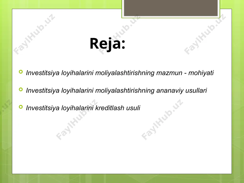 lpi ichki mahsulot va yalpi ichki jamg‘armalar dinamikasi joriy baholarda. (mlrd. so‘m) bilib qo’ying! agar mamlakat miqyosida jamg‘armalar hajmi investitsiyalar hajmidan ortsa, unda jamg‘armalarning investitsiyalardan ortgan qismi mamlakat tashqarisiga chiqib ketishi mumkin, ya`ni sof capital chiqimi 0 dan katta bo`ladi. agar jamg‘armalar va investitsiyalar orasida tenglik yuz bersa, sof kapital chiqimi 0 ga teng bo`ladi. agar investitsiyalar hajmi jamg‘armalar hajmidan ortiq bo‘lsa, unda kapitalning sof chiqimi 0 dan kichik bo`ladi, bu mamlakatda kapital yetishmovchiligi yuz berayotganini bildiradi. 2000-2016-yillarda jamg‘arma va investitsiyalarning yalpi ichki mahsulotdagi ulushi, (% da). analysing 1. o‘zbekistonda jamg‘armalar hajmi yildan-yilga o‘sib boryapti, bu iqtisodiyotda makroiqtisodiy barqarorlikni ta`minlashda muhim omil hisoblanadi. 2. o‘zbekistonda jamg‘armalar va investitsiyalar o`rtasidagi muvozanat ijobiy holatda, demak ushbu muvozanat ham muhim makroriqtisodiy muvozanatlardan biri ya'ni investitsiyalar iqtisodiy rivojianishning asosiy omiliga aylanadi va davlatning iqtisodiy siyosatida bu masaiaga alohida e'tibor berilishi kerak moliyalashtirish usullari image3.png image4.png image5.png image6.png image7.png image8.png image9.png image10.png