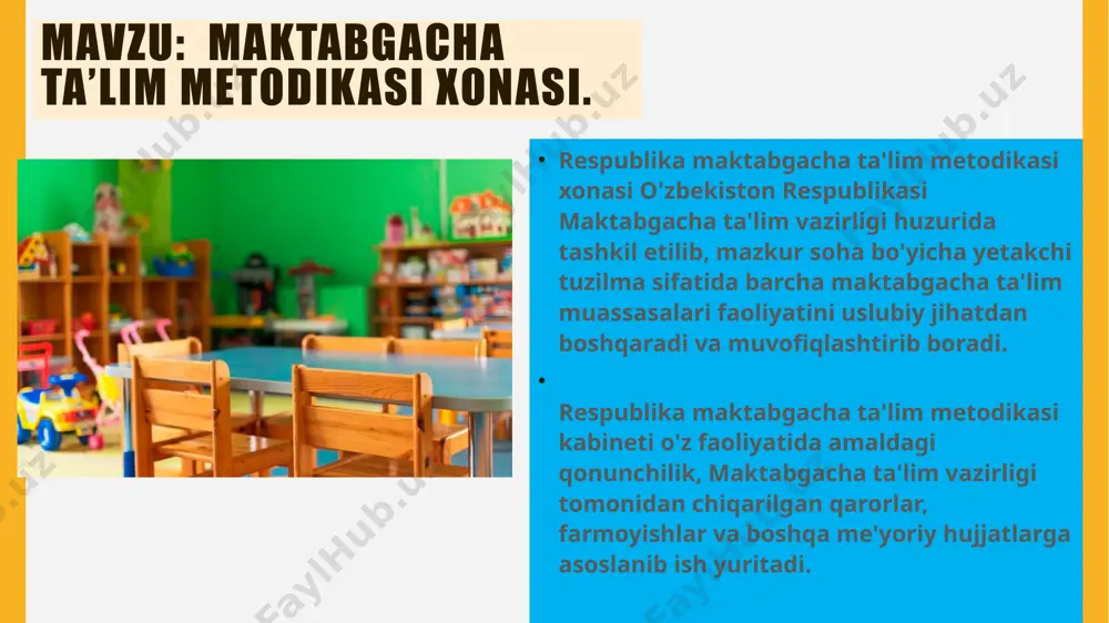 odika kabineti o'z zimmasiga yuklangan vazifalarga ko'ra: qoraqalpog'iston respublikasi, viloyatlar, shahar va tumanlar maktabgacha ta'lim metodika kabineti ish faoliyatini nazorat etadi va muvofiqlashtiradi; maktabgacha ta'lim muassasalaridagi ta'lim-tarbiya ishlar ahvoli va belgilangan rejalarning bajarilishini o'rganadi; «ilk qadam» dasturida ko'zda tutilgan vazifalarni to'laqonli amalga oshirishga qaratilgan chora-tadbirlarni ishlab chiqadi va bajarilishini nazorat qiladi; respublika metodika kabineti xodimlarini malaka oshirish kurslarida ma'ruzalar o'qishga, amaliy-mashg'ulotlar o'tkazishga va to'garaklar ishini olib borishga jalb etadi. respublika maktabgacha ta'lim metodika kabineti huzurida tashkil etilgan uslubiy kengash metodikasi kabinetlari faoliyatiga yangi uslubiy yondashuvlar, ishlanmalar va texnologiyalarni joriy etishga mas'uldir. kengash tarkibiga metodistlar, o'qituvchilar malakasini oshirish instituti rahbari va mutaxassislari, mudiralar, tarbiyachilar, musiqa rahbarlari, oliy o'quv yurtlarining yetuk professor-o'qituvchilari kiradi. uslubiy kengashda markaziy maktabgacha ta'lim metodikasi kabinetining ish rejasi, bajarilgan va rejalashtirilayotgan tashkiliy, uslubiy tadbirlar muhokama etiladi, ta'lim-tarbiya ishlarini yanada takomillashtirish, jumladan, metodika kabinetlarining ilg'or pedagogik tajribalarni to'plash borasidagi amaliy faoliyati, maktabgacha ta'lim bo'yicha uslubiy qo'llanmalarni muhokama qilish, tasdiqlash …