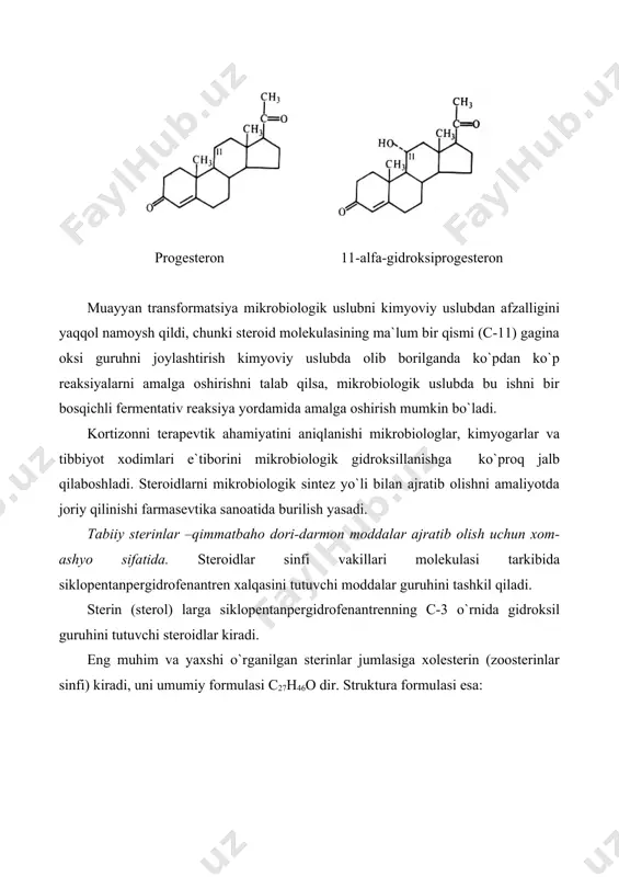 rinlar sinfi) kiradi, uni umumiy formulasi c27h46o dir. struktura formulasi esa: dan tashkil topgan. bu modda odam va hayvonlarning barcha to`qima va organlarida uchraydi. xolesterin tirik organizmda sodir bo`ladigan fiziologik jaryonlarda qatnashadi, uning ishtirokisiz o`suvchi organizm rivojlanmaydi. yirik shoxli hayvonlarning bosh va orqa miyasi xolesterinni ajratib olishda xom-ashyo vazifasini bajarishi mumkin. keyingi paytda esa sterinlar o`simliklar va qizil suv o`tlari tarkibida ham bo`lishi aniqlangan bo`lib hozirgi kunda ulardan ham xomashyo sifatida foydalanilmoqda. tabiatda uchraydigan boshqa sterinlar xolesterindan yon zanjirini uzunligi yoki to`yinish darajasiga qarab farqlanadi. o`simlik sterin (fitosterin) laridan qimmatbaho steroid preparatlarini ajratib olishda xomashyo sifatida foydalaniladi. ergosterin. uni formulasi 1934-yilda aniqlangan bo`lib, xolesterindan c-24-o`rinda bitta metil guruh va xalqadagi c- 7 va c-8, yon zanjirdagi 22- va 23- karbon atomlari o`rtasida qo`sh bog`lar bo`lishi bilan farqlanadi. xolesterin ergosterin o`simlik olamini qator vakillari, shuningdek zamburug`lar, mikroorganizmlar organizmida uchraydi. ergosterin ayniqsa achitqi mikroorganizmlar tarkibida mo`l bo`ladi. ergosterinni sanoat miqyosida ajratib olishda …
