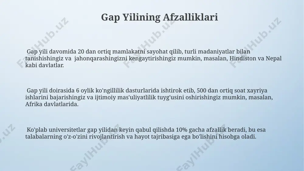 ar rejalashtirilgan safarlarini bekor qilishga majbur bo'lishadi, chunki kutilmagan xarajatlar yuzaga keladi yoki viza muammolari paydo bo'ladi, masalan, avstraliyaga sayohat qilishda. gap yili davomida 10,000 dollardan ortiq mablag' sarflashni rejalashtirgan talabalar, o'zlarining akademik natijalarini yomonlashtirishi mumkin, chunki bu mablag'larni o'qishga sarflashlari mumkin edi, masalan, aqshdagi universitetda. gap yilining ta'rifi gap yili, 18-25 yosh oralig'idagi yoshlar uchun, o'qish yoki ishdan keyin dunyo bo'ylab sayohat qilish, ko'ngillilik ishlari bilan shug'ullanish yoki yangi ko'nikmalarni o'rganish uchun ajratilgan 12 oylik davrdir. gap yili davomida, 60 dan ortiq mamlakatlarda minglab talabalar va bitiruvchilar xalqaro tajriba orttirish, madaniy farqlarni o'rganish va shaxsiy o'sishni ta'minlash uchun ko'plab imkoniyatlardan foydalanadilar. aqshdagi tadqiqotlar shuni ko'rsatdiki, gap yilidan keyin 70% dan ortiq yoshlar o'zlarining akademik va professional maqsadlariga aniqlik kiritish va o'zlarining kelajakdagi martaba tanlovlarida ishonch hosil qilishgan. xavfsizlik masalalari gap yil davomida sayohat qilayotganda, 2022-yilda dunyo bo'ylab 3000 dan ortiq sayyohlar turli xil xavfsizlik muammolari, shu jumladan, o'g'irlik va …
