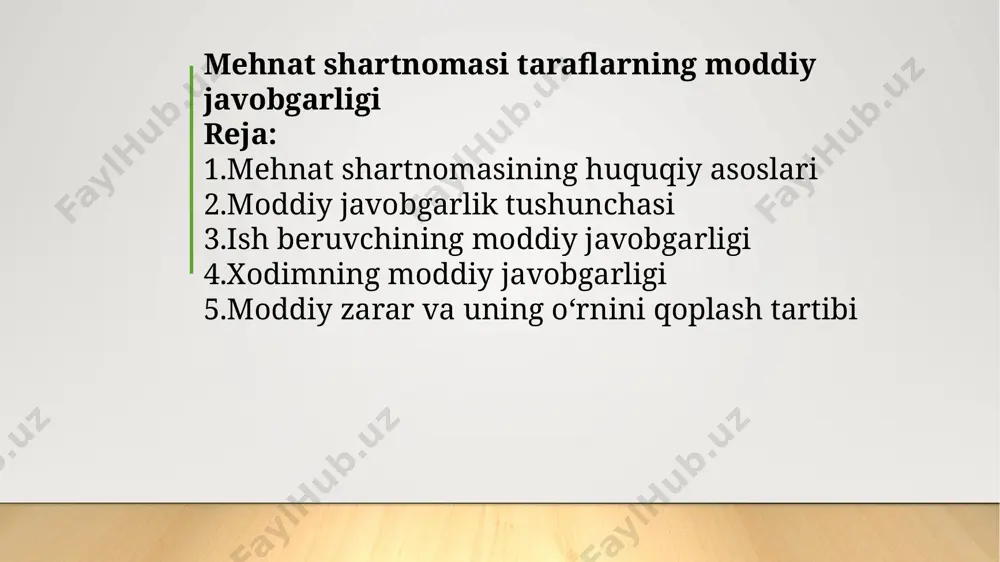 oddiy zarar va uning o‘rnini qoplash tartibi: moddiy zarar aniqlanganidan so‘ng, ish beruvchi yoki xodimga nisbatan xizmat tekshiruvi o‘tkaziladi. zarar miqdori hisoblab chiqiladi va aybdorga qarshi moddiy javobgarlik choralari qo‘llaniladi. zarur hollarda bu masala sud tartibida ko‘rib chiqiladi. xulosa: mehnat shartnomasida moddiy javobgarlikning aniq belgilanishi, tomonlar o‘rtasidagi tushunmovchiliklarning oldini olishga xizmat qiladi. har ikki tomon ham o‘z majburiyatlarini bilgan holda ish yuritsa, mehnat munosabatlari mustahkamlanadi. bu esa mehnat unumdorligini oshirish va ish muhitini sog‘lomlashtirishga xizmat qiladi. foydalanilgan adabiyotlar: o‘zbekiston respublikasi mehnat kodeksi "mehnat huquqi asoslari" darsligi – a. karimov oliy sud qarorlari sharhlari huquqiy mehnat munosabatlari bo‘yicha izohli lug‘at moliya va iqtisodiyot jurnali maqolalari image2.png image3.png image4.png image5.png image6.png image7.png image1.jpg /docprops/thumbnail.jpeg