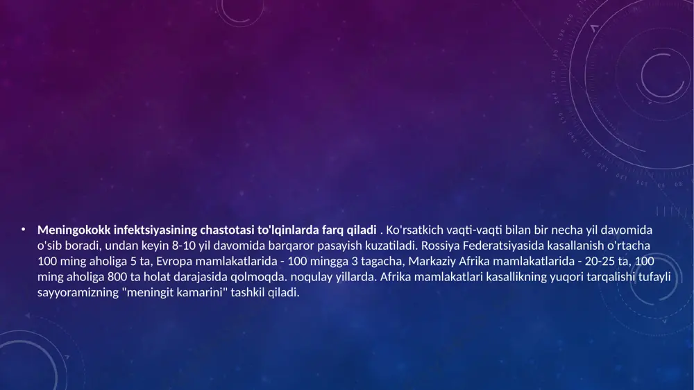periferik qon tomirlariga joylashadi va ularning tomir devoriga shikast etkazadi, bu esa qonning to'qimalarga shoshilishiga olib keladi. shunday qilib, terida gemorragik toshma hosil bo'ladi, bu mahalliy qon ketishlardir. qonda ko'p miqdorda meningokokk toksini periferiyadagi paralitik vazodilatatsiyaga va qon bosimining keskin pasayishiga olib keladi. qon oqimining qayta taqsimlanishi sodir bo'ladi: qon kichik tomirlarda to'planadi va muhim organlarga - miya, yurak, jigarga etarli miqdorda oqmaydi. yuqumli-toksik shok rivojlanadi - o'limga olib keladigan holat. e’tiboringiz uchun rahmat image2.png image3.png image4.jpg image5.jpg image6.jpeg /docprops/thumbnail.jpeg