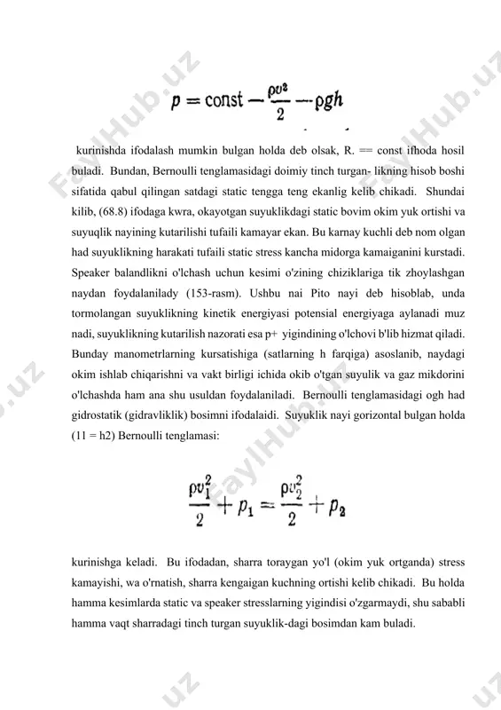 g kursatishiga (satlarning h farqiga) asoslanib, naydagi okim ishlab chiqarishni va vakt birligi ichida okib o'tgan suyulik va gaz mikdorini o'lchashda ham ana shu usuldan foydalaniladi. bernoulli tenglamasidagi ogh had gidrostatik (gidravliklik) bosimni ifodalaidi. suyuklik nayi gorizontal bulgan holda (11 = h2) bernoulli tenglamasi: kurinishga keladi. bu ifodadan, sharra toraygan yo'l (okim yuk ortganda) stress kamayishi, wa o'rnatish, sharra kengaigan kuchning ortishi kelib chikadi. bu holda hamma kesimlarda static va speaker stresslarning yigindisi o'zgarmaydi, shu sababli hamma vaqt sharradagi tinch turgan suyuklik-dagi bosimdan kam buladi. sharra toraigan foyda nai havo bilan tutashgan boulsa, ushbu joydagi stress havodan kamayib ketgan suyuqlik kirib sharrasiga havo keladi. bu hodisaga asoslanib suv sharrali nasslar yasaladi (154-rasm). naining havoni uchidan katta tezlik bilan suv sharrasi surib olib, uziga ergashtiradi. bu usul bilan havosi surib olinayot-gan yidishdaghi bosimni 1 mm sim. og'iz gacha pasaytirish mumkin. bu kuchni suyuklik sharrasining reaksiyasi kuchi yoki reagent kuchi deb yuritiladi. …