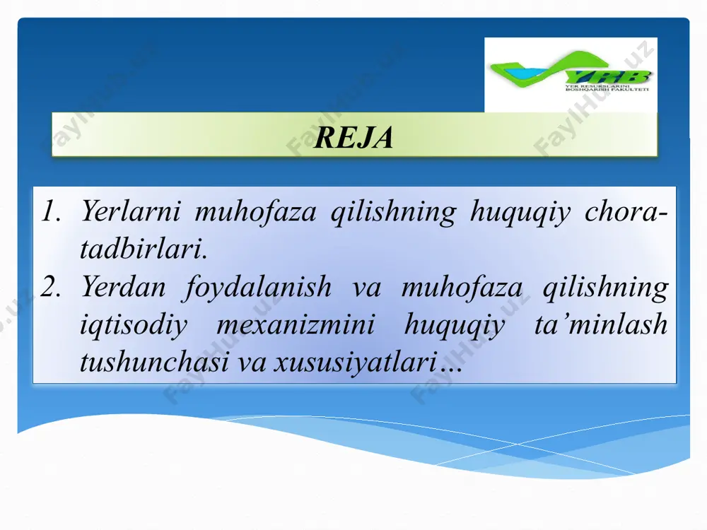 donlaridan belgilanganidan boshqa maqsadlarda foydalanish, yerlarni ishdan chiqarish, hosildorligini pasaytirish kabi holatlar tushuniladi. (o`zr mjtk 65-modda). yer berish tartibini buzish deganda yerlarni qonunda belgilangan shartlarni buzgan holda, shuningdek yuridik va jismoniy shaxslarga yer berishga to`sqinlik qilish tushuniladi. bu ma'muriy huquqbuzarlik uchun mansabdor shaxslarga eng kam oylik ish haqining uch baravaridan yetti baravarigacha miqdorda jarima solinadi (66-modda). tasdiqlangan yer tuzilishi loyiha hujjatlaridan tegishli ruxsat bo`lmay turib chetga chiqish, tegishli davlat organlari bilan kelishmay turib obyektlarni joylashtirish, ichidan yer tuzish loyihalaridan o`zboshimchalik bilan chetga chiqish deb tushuniladi. shunday harakatlar uchun fuqarolar va mansabdor shaxslarga o`zbekiston respublikasi ma'muriy javobgarlik to`g`risidagi kodeksining 68-moddasi yerlarni muhofaza qilishning huquqiy chora-tadbirlari o`zbekiston respublikasining ma'muriy javobgarlik, jinoyat, fuqarolik, mehnat, yer kodekslari normalarida o`z ifodasini topgan. bu normalarda yerlardan foydalanish qoidalarini buzganlik, yerlarni muhofaza qilish bo`yicha qonun talablarini bajarmaganlik uchun tegilshicha jazo choralari belgilangan bo`ladi. yerdan foydalanish va muhofaza qilishning iqtisodiy mexanizmini huquqiy ta’minlash tushunchasi va xususiyatlari… yerdan foydalanish …