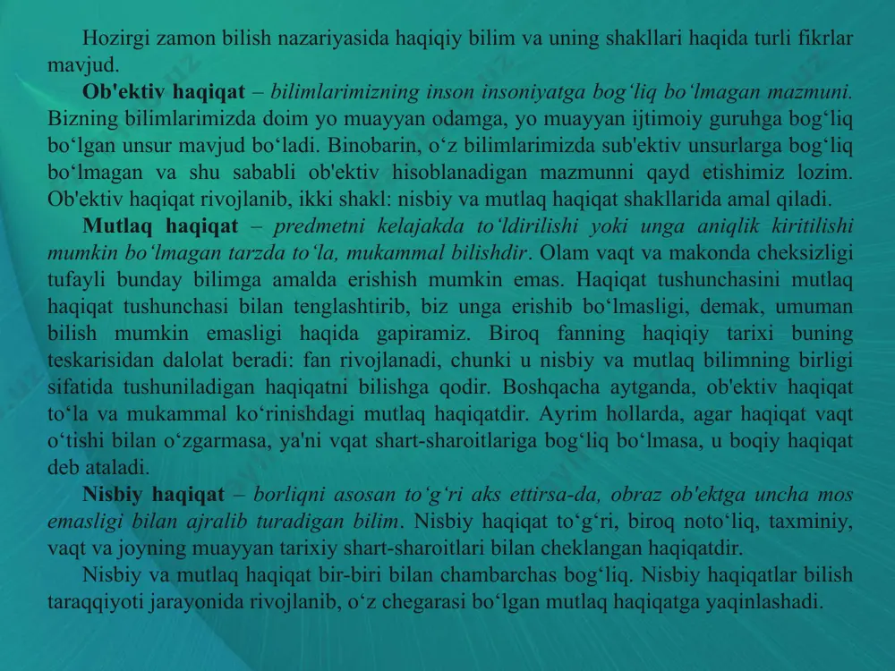 qiy manzarasida mutlaq haqiqatning yangi unsurlari paydo bo‘ldi: darhaqiqat atom musbat zaryadli zarralardan iborat. atom haqidagi tasavvur rivojlanishining uchinchi bosqichi rezerford-bor modeli bilan bog‘liq. bu modelda atom yadro va uning atrofida aylanuvchi elektronlardan tashkil topadi. umuman olganda, avvalgi modellardan aniqroq bo‘lgan bu modelda mutlaq haqiqat unsurlari mavjud. hozirgi zamonda atom tuzilishi haqidagi tasavvurlar zamirida kvant mexanikasi va atom yadrosini o‘rganish natijalari yotadi. hozirda elektronlarning atom yadrosi atrofidagi harakatini zichligi notekis bo‘lgan bulut harakatiga o‘xshatish mumkinligi, chunki elektronlar korpuskulyar va to‘lqin xossalariga ega ekanligi, yadro esa protonlar va neytronlardan iborat tizim hisoblanishi va hokazolar ma'lum. hozirgi zamon fizikasida atom manzarasi n. bor nazariyasidagiga qaraganda to‘liqroq va aniqroq, unda mutlaq haqiqat unsurlari ko‘proq. haqiqatning korrespondent, kogerent va pragmatik konsepsiyalari mavjud. ularning har biri fanda rivojlanish jarayonida katta qiyinchiliklarga duch keladi. haqiqatning korrespondent konsepsiyasi nazariyaning tajribada olingan ma'lumotlarga muvofiq bo‘lishini talab qiladi. bu talab fanda qabul qilinadi, u taklif qilinayotgan gipoteza fan sohasiga …