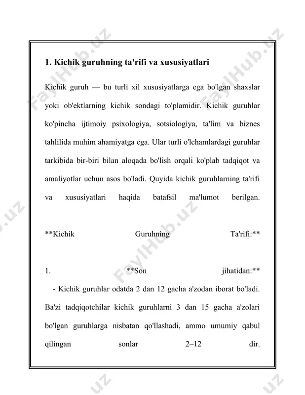 ki liderlik kichik jamoalarda samaradorlik va maqsadlarga erishish uchun asosiy omil hisoblanadi. kichik guruhlar odatda 3-12 kishidan tashkil topadi va bu guruhlarning ichki dinamikasi katta tashkilotlarga nisbatan ancha boshqacha bo'lishi mumkin. liderlik roli bu guruhlarda bir qancha jihatlar bilan namoyon bo'ladi. quyida kichik guruhlarda liderlikning ahamiyati va ta'sirini tushunish uchun ba'zi raqamli ko'rsatkichlar va faktlar keltirilgan: 1. **g'uruhdagi samaradorlikni 30% gacha oshirish**: tadqiqotlar shuni ko'rsatadiki, kuchli liderlikka ega bo'lgan guruhlar samaradorlikda sezilarli darajada o'sishga erishishadi. kichik guruhlarda a’lochi liderlar vazifalarni taqsimlash, motivatsiya va guruh a’zolarini rag'batlantirish orqali samaradorlikni 20% dan 30% gacha oshirishi mumkin. 2. **kommunikatsiya muhitini yaxshilash**: kichik guruhlarda samarali liderlik a'zolar o'rtasidagi kommunikatsiya sifatini 50% ga yaxshilashi mumkin. bu o'z navbatida guruh a'zolari o'rtasida imkoniyatlar va resurslarning yanada samarali almashinuvini ta'minlaydi. 3. **motivatsiya darajasini 40% gacha oshirish**: kichik guruhlarda liderlar motivatsiya omili sifatida katta rol o'ynaydi. tadqiqotlar shuni ko'rsatadiki, liderlar tomonidan to'g'ri motivatsiya usullaridan foydalanish guruh a'zolarining motivatsiyalarini …