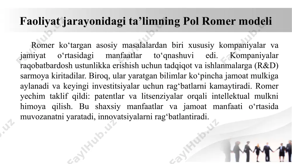 i (r&d) modelda ilmiy-tadqiqot ishlari (r&d) iqtisodiy o‘sishning harakatlantiruvchi kuchi sifatida qaraladi. 🔹 firmalar innovatsiyalarga investitsiya qiladi, chunki ular yangi texnologiyalar yaratish orqali raqobat ustunligi va monopol daromad oladi. 🔹 innovatsiyalar eskirgan mahsulotlarni bozordan siqib chiqaradi, bu esa schumpeterian yaratib yo‘q qilish jarayonini yuzaga keltiradi. modelning asosiy elementlari b) monopoliyaga asoslangan iqtisodiy o‘sish grossman va helpman modelida bozor raqobati va monopolistik o‘sish asosiy rol o‘ynaydi: ✅ yangi texnologiyani birinchi bo‘lib ishlab chiqqan firma vaqtincha monopoliya mavqeiga ega bo‘ladi. ✅ innovatsiyalar orqali kompaniyalar yuqori daromad olishadi. ✅ biroq, vaqt o‘tishi bilan yangi firmalar ham texnologik taraqqiyotga hissa qo‘shib, yangi innovatsiyalar orqali eski monopoliyalarni yo‘q qiladi. modelning asosiy elementlari c) xalqaro savdo va texnologik diffuziya modelning muhim xususiyatlaridan biri xalqaro savdo va texnologik tarqalish (diffuziya) rolini hisobga olishidir: 🔹 texnologiyalar xalqaro savdo orqali bir mamlakatdan boshqasiga tarqaladi. 🔹 savdo jarayonida rivojlangan mamlakatlar innovatsiyalarga ko‘proq e’tibor qaratadi, chunki ular ilg‘or texnologiyalardan foyda oladi. …