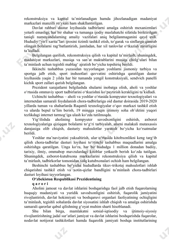 aqozo qiladi. shu nuqtai-nazardan prezidentimiz parlamentning muhim qarorlar qabul qilish va qonunlar ijrosini nazorat etish faoliyatini kuchaytirish, ijro hokimiyati tizimini optimallashtirish, maʼmuriy islohotlarni davom ettirish va davlat boshqaruvida zamonaviy menejment usullarini keng qoʻllash, davlat boshqaruvida samaradorlikni oshirish maqsadida davlat xizmatiga malakali mutaxassislarni jalb etishga qaratilgan yagona kadrlar siyosatini shakllantirish, mahalliy hokimiyat organlarining vakolat va masʼuliyatini qayta koʻrib chiqish, ularning mustaqilligini yanada oshirish vazifalarini belgilaydi. boshqaruvda adolatli davlat idora tizimlari shakllanmas ekan, qonun ustuvorligini taʼminlash va sud-huquq tizimini isloh qilishning ustuvor yoʻnalishlari — ikkinchi uzviy bogʻlanuvchi muhim tamoyil taʼminlanmaydi. ular sud hokimiyatining chinakam mustaqilligini taʼminlash, sudning nufuzini oshirish, sud tizimini demokratlashtirish va takomillashtirish orqali amalga oshiriladi. bunday tizimning samarali faoliyati fuqarolarning huquq va erkinliklarini ishonchli himoya qilishning real imkoniyatlarini vujudga keltiradi. jamiyatda adolatli boshqaruvning vujudga kelishi, shubhasiz, iqtisodiyotni rivojlantirish va liberallashtirishning ustuvor yoʻnalishlarini takomillashtirish imkoniyatini yaratadi. ular makroiqtisodiy barqarorlikni mustahkamlash va yuqori iqtisodiy oʻsish surʼatlarini saqlash, tarkibiy oʻzgartirishlarni chuqurlashtirish, milliy iqtisodiyotning …