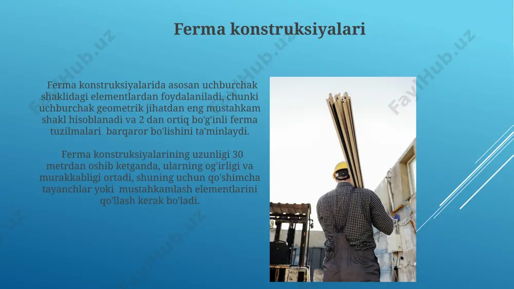 rning parallelligi va vertikal ustunlarning 30-60 daraja burchak ostida joylashishi bilan farqlanadi. ferma turlari krenli fermalar, 4 ta asosiy qo'llab-quvvatlovchi nuqtaga ega bo'lib, nosimmetrik yoki nosimmetrik bo'lishi mumkin va yuqori yuklarga chidamli 6-8 metrli masofalarni qoplashi mumkin. ferma turlari orasida uchburchak shakldagi panjaralar 2-3 graduslik burchak ostida joylashgan bo'g'inlar bilan eng keng tarqalgan hisoblanadi, bu esa tuzilmaning mustahkamligini ta'minlaydi. materiallar tanlash yog'och truslar uchun namlik darajasi 12% dan oshmasligi kerak bo'lgan, qo'llaniladigan yuklarga chidamliligi kamida c24 sinfidagi yog'och tanlash maqsadga muvofiqdir. temir-beton konstruksiyalar uchun b35 yoki undan yuqori sinf beton, s240-s500 sinf armatura ishlatish tavsiya etiladi, chunki ular yuqori mustahkamlik va egiluvchanlik xususiyatlariga ega. e'tiboringiz uchun rahmat @taqdimot_robot image1.jpg image2.jpg image3.jpg image4.jpg image5.jpg image6.jpg image7.jpg image8.jpg image9.jpg image10.jpg image11.jpg image12.jpg