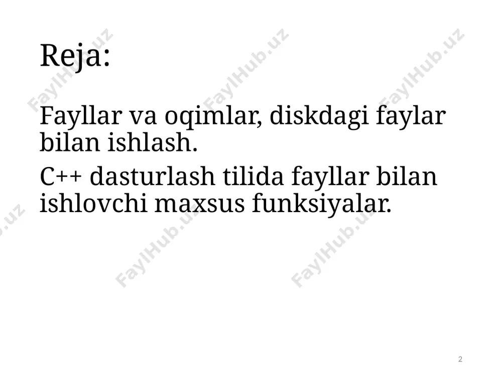 arni yozish ferror() – fayl bilan ishlashdagi xatolikni aniqlash feof() – fayl oxirini aniqlash fclose() – ochilgan faylni yopish. to‘g‘ri murojaatli fayllarni kiritish/chiqarish oqimlar yordamida fayllarni kiritish va chiqarishni boshqarish uchun ularni belgilab olishda yoki yaratishada to‘g‘ri murojaat qilinishi lozim bo‘ladi. to‘g‘ri murojaat qilish uchun quyidagi buyruqlar mavjud. in oqimini o‘qish uchun ochish (odatda ifstream) out oqimini yozish uchun ochish (odatda ofstream) trunc oqimini tozalash uchun ochish (odatda ofstream) app oqimini fayl oxiriga yozish uchun ochish ate oqimini o‘qish uchun yoki fayl oxiriga yozish uchun ochish binary oqimini ikkilik rejimida ochish (odatda matnli) matnlar fayllar matnli fayllarni yaratishda oldingi mavzudagi fayllrani oqimlar usuli bilan yaratish va ularni o‘qishda foydalanilgan funksiyalar va strukturalardan foydalaniladi. matnli fayllar bilan ishlash oldingi rejada ko‘rib o‘tilgan misolimizda yaqqol ko‘rinib turibdi. chunki, misolda kiritilgan so‘z berilgan fayllarga hech qanday o‘zgarishsiz yozilgan. talabalarning familiyasini faylga yozuvchi dastur yaratamiz. agar 0 soni kiritsak faylga yozish to‘htatilsin. binar fallar …