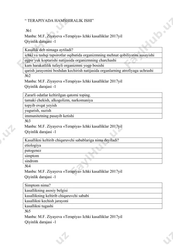 oe nima? bronxlarning kengayishi. xansirash. nafas qisishi. yurak urib ketishi №20 manba: m.f. ziyayeva «terapiya» ichki kasalliklar 2017yil qiyinlik darajasi -2 bemor pereferik shilliq qavatlarni ko`karishi nima deyiladi? giperemiya. gipertermiya. sianoz. akrotsianoz. №21 manba: m.f. ziyayeva «terapiya» ichki kasalliklar 2017yil qiyinlik darajasi -2 surunkalibronxitnitashxislashdako`proqmahlumotberuvchitekshiruvusuli: ko`krakqafasinirentgenografiyasi o`pkastsintigrafisi kondagigazlartarkibinianiklash bronxoskopiya №22 manba: m.f. ziyayeva «terapiya» ichki kasalliklar 2017yil qiyinlik darajasi -2 surunkalibronxitdaauskulgptatsiyadanimaeshitiladi: jarangdornamxirillashlar plevraniishkalanishshovqini quruqxirillashlar quruqvanamxirillashlar №23 manba: m.f. ziyayeva «terapiya» ichki kasalliklar 2017yil qiyinlik darajasi -2 quruq plevritda bemor xolati. aktiv. passiv. majburiy. o`rtacha. №24 manba: m.f. ziyayeva «terapiya» ichki kasalliklar 2017yil qiyinlik darajasi -2 surunkaliobstruktivbronxitgaquyidagilarniqaysibirixos: yo`tal, balg`am, xansirash balg`amsizyo`tal, namxirillashlar yo`tal, balg`am, namxirillashlar yo`tal, xansirash, namxirillashlar №25 manba: m.f. ziyayeva «terapiya» ichki kasalliklar 2017yil qiyinlik darajasi -2 krupozzotiljamdatuzalishbosqichidaauskulgptativfenomen: vezikulyarnafasnisusayishi jarangsiznamxirillashlar krepitatsiya redux krupozzotiljamdatuzalishbosqichidaauskulgptativfenomen: №26 manba: m.f. ziyayeva «terapiya» ichki kasalliklar 2017yil qiyinlik darajasi -1 arterial bosim qaysi soxada o`lchanadi? elka soxasida. tirsak soxasida. son soxasida. bilak soxasida №27 manba: m.f. …