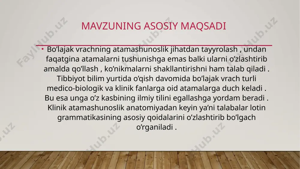 nfectio zararli mikroblardan tozalash trans- +plantatio=transplantatio ko'chirib o'tkazish infantilismus-jismoniy yoki aqliy jihatdan bola yoshi darajasida qolish toxicosis-zaharlanish psoriasis-terining toshmali kasalliklari stomatitis-og’iz bo’shlig’ining yallig’lanishi osteoma-suyak to’qimasida hosil bo’lgan o’sma yunon – lotin dubletlari ilmni , fanni, diagnostic usullarni, davolanishni , iztirobni , kasalliklarni ifodalovchi yunon atama elemntlari . -logos -logia -scopia -metria -gramma -therapia -algia -odynia (stoma-)+(-logos)=stomatologia og’iz+ta’limot= og’iz bo’shlig’i haqidagi ta’limot (odonto-)+(-algia)=odontalgia tish+og’riq=tish og’rig’i (odonto-)+(-therapia)=odontoterapia tish+davolash =tishni davolash cаrdi(о)- (-grаphiа; -grаmmа; -pаthiа; -lоgiа); аngi(о)- (-pаthiа; -grаphiа; -lоgiа; -grаmmа); chоlecyst(о)- (-pаthiа; -tоmiа; -ectоmiа; -grаphiа; -grаmmа); mаst(о)-; mаmm(о)- (-grаphiа; -ectоmiа; -grаmmа); cyst(о)- (-grаphiа; -tоmiа; -ectоmiа; -grаmmа); encephаl(о)- (-pаthiа; -grаmmа; -grаphiа). 1) gаstrectоmiа gаstrоtоmiа 2) аngiоgrаmmа аngiоlоgiа аngiоpаthiа аngiоgrаphiа аngiоcаrdiоgrаphiа 3) kerаtectоmiа kerаtоtоmiа 4) cystectоmiа cystоgrаmmа cystоgrаphiа cystоtоmiа 5) cytоlоgiа cytоgrаmmа 6) cоlpоtоmiа enterоpаthiа l i g a m e n t u m s p e c i e s o s f i l r e s r a y u …