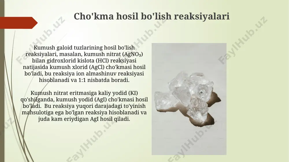 yonida chiqadigan zaharli gazlarni zararsizlantirish uchun yaxshi shamollatiladigan joyda yoki tortish kabinetida ishlash kerak, havoda 5 ppm dan ortiq bo'lmagan konsentratsiyada bo'lishi kerak. qo'llanilishi va ahamiyati kumush galogenidlarning tarkibida kumush (ag) ionlari va galogen (cl, br, i) ionlari mavjud bo'lib, ularning nisbati va turi fotosensitivlik darajasini aniqlaydi, masalan agbr kristallarining o'lchami va shakli tasvir sifatiga ta'sir qiladi. tibbiyotda, kumush galogenidlarning ba'zi birikmalari, masalan, kumush xlorid (agcl) antiseptik va dezinfektsiyalovchi sifatida qo'llaniladi, ularning bakteritsid xususiyatlari 100 dan ortiq bakteriya turlariga qarshi samarali. kumush galogenidlarning fizik xossalari kumush xloridning erish harorati 455 °c, kumush bromidniki esa 434 °c atrofida bo'lib, ularning eruvchanligi suvda juda past. kumush galogenidlarning ko'pchiligi yorug'likka sezgir bo'lib, nur ta'sirida fotolizlanib, kumush va galogen ajralib chiqadi, bu jarayon fotosuratga olishda ishlatiladi. kumush nitratning ahamiyati kumush nitrat, agno3 formulali tuz boʻlib, fotosurat materiallarini ishlab chiqarishda 100 g dan ortiq miqdorda ishlatiladi va yuqori tozalikdagi kumush galoid tuzlarini sintez qilish uchun …