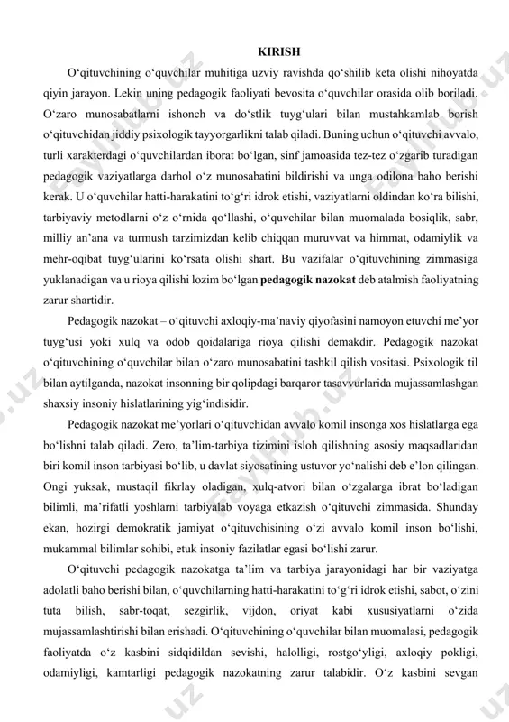 va o‘z faoliyatida yaxshi natijalarga erishadi. bolalarni sevish, ularga mehr-muhabbatli bo‘lish o‘qituvchi axloqiy qiyofasida muhim ahamiyatga ega. o‘qituvchining mehribonligida talabchanlik va qattiqqo‘llik hislatlari mujassamlashgan bo‘lishi kerak. o‘qituvchi deyarli har kuni o‘quvchilar bilan uchrashadi, savol-javob qiladi, ularning yaxshi xulq va ezgu ishlarini ma’qullaydi, bilimlarini baholaydi, nojo‘ya hatti-harakatlari uchun tanbeh berib, lozim bo‘lganda tarbiyaviy metodlarni qo‘llaydi. pedagogik nazokat doimiy izlanishni, ijodkorlikni talab qiladi. doimiy ijodiy izlanishda bo‘lgan o‘qituvchi tadqiqotchilik ko‘nikma va malakalariga ega bo‘ladi, ilm-fan muammolari, tarbiya etikasi va psixologiyasi yuzasidan erkin fikr yurita oladi. xullas, bo‘lajak o‘qituvchi pedagogik odob va axloq qoidalarini o‘zining dunyoqarashi va axloqiy tajribasi bilan boyitib borishi zarur. muammoning о‘rganilganlik darajasi. mamlakatimiz olimlaridan pedagogik odob va pedagogik nazokatni rivojlantirish bo‘yicha rr.ahlidinov, r.djuraev, u.begimqulov, e.kenjaev, n.qosimov, n.matyaqubov, u.inoyatov, r.ishmuxamedov, o.musurmonova, n.muslimov, m.mirsolieva, s.turg‘unov, u.xayitov, f.ravshanov, r.fayziev, sh.qurbonov, g‘.shoumarovlarlar tomonidan tadqiqotlar olib borilgan. mdh mamlakatlarida pedagogik odob va pedagogik nazokat muommolari yuzasidan r.kvesko, e.kondratev, r.abramov, ye.bogdanov, v.zazыgin, yu.masalova, v.komarovskiy, l.alekseeva, …