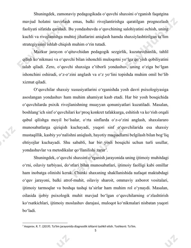 qichi uchun turli usullar, yondashuvlar va metodikalar qo‘llanilishi zarur[footnoteref:3]. [3: asqarov, r. t. (2019). ta’lim jarayonida diagnostik ishlarni tashkil etish. toshkent: ta’lim.] shuningdek, o‘quvchi shaxsini o‘rganish jarayonida uning ijtimoiy muhitdagi o‘rni, oilaviy tarbiyasi, do‘stlari bilan munosabatlari, ijtimoiy faolligi kabi omillar ham inobatga olinishi kerak. chunki shaxsning shakllanishida nafaqat maktabdagi o‘quv jarayoni, balki atrof-muhit, oilaviy sharoit, ommaviy axborot vositalari, ijtimoiy tarmoqlar va boshqa tashqi ta’sirlar ham muhim rol o‘ynaydi. masalan, oilasida ijobiy psixologik muhit mavjud bo‘lgan o‘quvchilarning o‘zlashtirish ko‘rsatkichlari, ijtimoiy moslashuv darajasi, muloqot ko‘nikmalari nisbatan yuqori bo‘ladi. pedagogik amaliyotda o‘quvchilar shaxsiy xususiyatlarini o‘rganishda ilg‘or xorijiy tajribalar ham qo‘llanilmoqda. jumladan, aqsh va yevropa mamlakatlarida “individual rivojlanish rejasi” (individual development plan) keng qo‘llaniladi. ushbu hujjat o‘quvchining hozirgi holatini tahlil qilish, uning qiziqishlari, kuchli tomonlari, qiyinchilik tug‘diradigan yo‘nalishlari va rivojlanish istiqbollarini aniqlashga xizmat qiladi. bu tajriba bizning ta’lim tizimimizga moslashtirilib, o‘qituvchi tomonidan yuritiladigan “shaxsiy kuzatuv kartasi” orqali amalga oshirilishi mumkin. shuningdek, zamonaviy axborot-kommunikatsiya texnologiyalari …