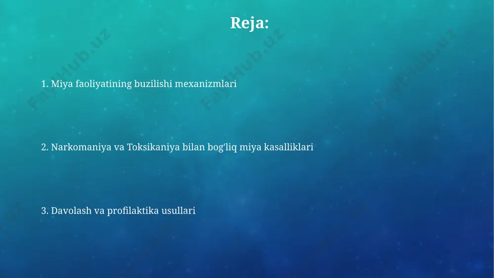 ko'rlikka olib kelishi mumkin, bu esa dunyoning turli burchaklarida, shu jumladan toshkentda, ko'plab hollarda kuzatiladi. ijtimoiy va hissiy-xulq buzilishlari narkomaniya va toksikomaniyaning 20-30% hollarda ijtimoiy izolyatsiyaga olib kelishi, ayniqsa toshkent kabi yirik shaharlarda kuzatiladi, bu esa bemorlarning 50% dan ortig‘ida kasallikning og‘irlashuviga sabab bo‘ladi. o‘zbekiston bo‘yicha o‘tkazilgan so‘rovnomalar shuni ko‘rsatdiki, giyohvandlikka moyilligi bo‘lgan 15-25 yoshli yoshlarning 60% ijtimoiy moslashuv muammolariga duch kelishadi va 40% dan ko‘prog‘i oilaviy munosabatlarning buzilishiga guvoh bo‘lishadi. oldini olish choralari samarqand viloyatida oʻtkazilgan tadqiqotlar shuni koʻrsatdiki, giyohvandlikka moyil boʻlgan shaxslarning 75% da miyaning oldingi qismida funktsional oʻzgarishlar kuzatiladi, bu esa xotira va qaror qabul qilish qobiliyatiga salbiy taʼsir qiladi. andijon shahridagi reabilitatsiya markazlarida oʻtkazilgan davolash jarayonida 5 dan ortiq giyohvandlikka moyil boʻlgan bemorlarda dopamin tizimining jiddiy buzilishi aniqlangan, bu esa qayta tiklash jarayonini murakkablashtiradi. ruhiy kasalliklar bilan bog'liqligi o'zbekistondagi 2022-yilgi statistika ma'lumotlariga ko'ra, giyohvandlikka bog'liq ruhiy kasalliklar soni 15% ga oshgan bo'lib, toshkent shahrida bu ko'rsatkich …