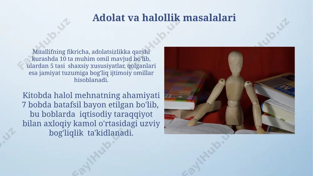 " asarida 3 bosqichli ta'lim tizimini, ya'ni ibtidoiy, o'rta va oliy ta'limni taklif qilib, har bir bosqichning o'ziga xos vazifalarini belgilab beradi. yosh avlodni ma’nan kamol toptirish avloniy “yosh avlodni ma’nan kamol toptirish” asarida milliy qadriyatlarni 5 ta asosiy guruhga bo‘lib, har birining ahamiyatini 10 ta xususiyat orqali batafsil bayon qiladi. asarda 15 yoshgacha bo‘lgan bolalar uchun ta’limning muhim jihatlari, ijtimoiy-ma’naviy yetuklikka erishish uchun zarur bo‘lgan 4 bosqichli psixologik rivojlanish modeli taklif qilinadi. merosining dolzarbligi asarda, mustamlakachilik sharoitida milliy ong va qadriyatlarni himoya qilish masalasiga bag'ishlangan 20 dan ortiq sahifa mavjud bo'lib, bu "merosining dolzarbligi"ning konstitutsiyaviy huquqiy tamoyillarga bog'liqligiga ishora qiladi. "merosining dolzarbligi"da avloniy, milliy ongning shakllanishida 3 ta asosiy omilni – din, til va tarixni – ta'kidlab, ularning yosh avlod tarbiyasidagi ahamiyatini 19-asr oxiri, 20-asr boshlarining ijtimoiy kontekstida tahlil qiladi. e'tiboringiz uchun rahmat @taqdimot_robot image4.png image5.jpg image6.jpg image7.jpg image8.jpg image9.jpg image10.jpg image11.jpg image12.jpg image13.jpg image14.jpg image15.jpg image16.jpg image17.jpg image18.jpg …