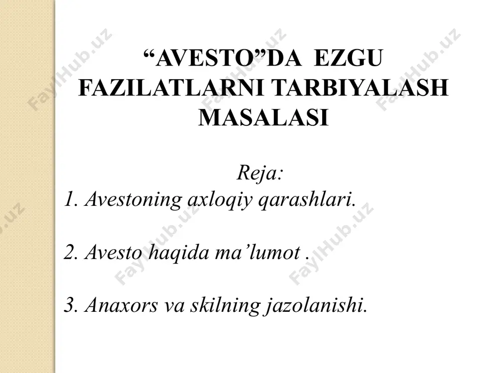 kichik avesto. quyosh, oy, ardvisura, varxra kabi xudo va ma’budalar madh etilgan ibodat qo’shiqlari beriladi. «avesto»da ilk foniy odam – gaya marta haqida rivoyatlar keltirilgan. u zardo’shtiylikda yer yuzida yashagan birinchi odam sifatida tasavvur etiladi. o’rta asr manbalarida uning nomi gavomard, gayomat, gopat shoh, qo’bodshoh, kayumars tarzida bitilgan. gaya marta ikki vujudli, ho’kiz va odamdan tashkil topgan. uni ezgulik xudosi axura mazda dantiya daryosining bo’yidagi ar’yana vejada yetmish kun mobaynida yaratgan. odam boshli, ho’kiz qiyofasidagi haykalchalar o’zbekiston (jumladan, samarqand shahri yaqinidagi tali barzu tepaligi, xorazm viloyatining shovot tumani hududi)dan topilgan. «avesto» eramizdan oldingi vii asrning oxiri va vi asrning boshlarida yaratilgan. uning qadimgi qismlari miloddan avvalgi 2000-1000 yillarga taalluqli, deb qaraladi. «avesto»ning qisqargan shakli «zand avesto» deb nomlangan. u pahlaviy, sanskrit (qadimgi hind) tiliga tarjima qilingan va sharhlar bitilgan. u bir necha marta yevropa tillariga, jumladan, rus tiliga ham ag’darilgan. «avesto»ni o’zbek kitobxonlari a.mahkam, m.isoqov va boshqalar tarjimasida o’qishmoqda. yaxshilik …