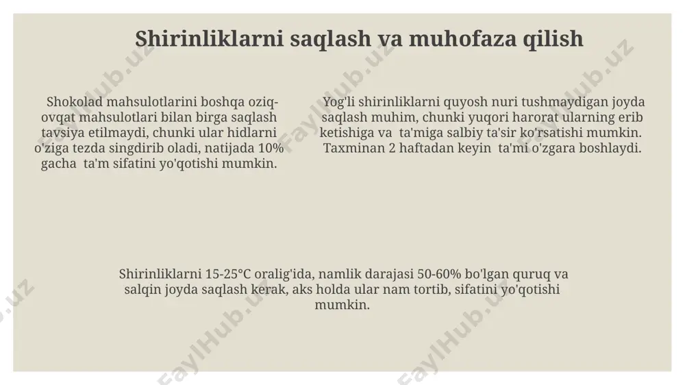 bu davrda shakar hali noma'lum edi. shirinliklar sanoati qadimgi misrda, taxminan 3500 yil avval, asal va xurmo kabi tabiiy shirinliklardan foydalanish bilan boshlangan. bu davrda shakar hali noma'lum edi. o'zbekistondagi shirinliklar bozori mahalliy ishlab chiqaruvchilarning bozor ulushi 70% dan yuqori bo'lib, import qilinadigan shirinliklarning ulushi 30% atrofida. o'zbekiston shirinliklari bozorida shokoladli konfetlar va sharqona shirinliklar (paxlava, halva) eng yuqori talabga ega bo'lib, umumiy hajmining 60% dan ko'prog'ini tashkil qiladi. o'zbekistondagi konfet bozorining hajmi 2022-yilda taxminan 150 million aqsh dollarini tashkil etdi va yillik o'sish sur'ati 5-7% ni tashkil etadi. e'tiboringiz uchun rahmat @taqdimot_robot