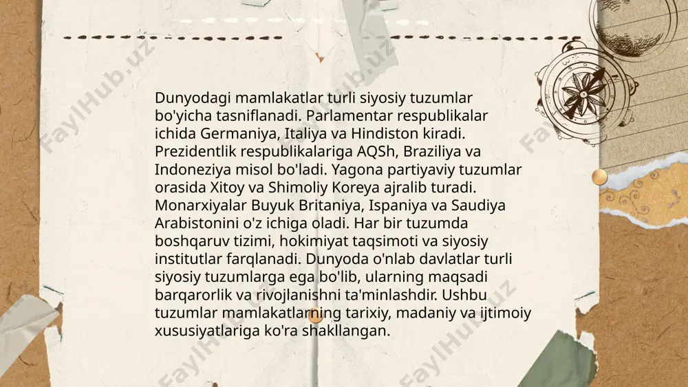 larda aholi soni o'rtacha 1,3 milliardga yetishi mumkin, bu jahon aholisining qariyb 16 foizini tashkil etadi. rivojlangan davlatlar esa yalpi ichki mahsulot (yim) bo'yicha dunyoning 20 foizdan ortig'ini tashkil etadi va aholi farovonligi yuqori darajada. misol uchun, aqsh va germaniya rivojlangan davlatlar qatoriga kiradi, ularning yim miqdori mos ravishda 21 trln va 4 trln aqsh dollarini tashkil etadi. rivojlanayotgan mamlakatlarning asosiy eksporti qishloq xo‘jaligi mahsulotlari va xomashyoga asoslangan. ... t.me/slaydai_bot 10. islomiy mamlakatlar va ularning xususiyatlari islomiy mamlakatlar soni dunyoda 50 dan ortiqni tashkil etadi. ular islom dinini asosiy e'tiqod sifatida qabul qilgan yoki katta musulmon jamoasiga ega davlatlardir. eng yirik islomiy mamlakatlar qatoriga indoneziya, pokiston, hindiston va bangladesh kabi davlatlar kiradi. ularning ko'pchiligi opek kabi xalqaro tashkilotlarda ishtirok etishadi. islomiy mamlakatlarda shar'iy qonunlar ba'zan davlat qonunlari bilan birga mavjud bo'lishi mumkin. ularning iqtisodiy va ijtimoiy tizimlari ko'pincha islomiy qadriyatlarga asoslanadi. shuningdek, islomiy hamkorlik tashkiloti kabi tashkilotlar islomiy mamlakatlar o'rtasida …