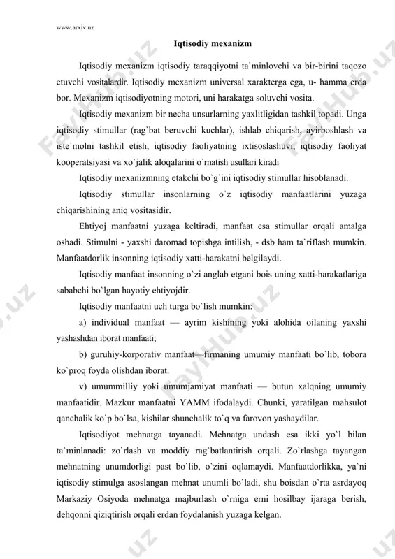 h, dehqonni qiziqtirish orqali erdan foydalanish yuzaga kelgan. iqtisodiy faoliyat ixtisoslashadi, bunga sabab jamiyatda mehnat taqsimotn bor. mehnat taqsimoti yagona mehnatning mustaqil ahamiyatga ega bo`lgan mehnat turlariga ajralib borishi, mehnat turlarining to`xtovsiz ravishda yangidan paydo bo`lishidir. bir mehnat turini bajarish ayrim kishilarga birkitiladi, natijada kasblar ko`payib boradi. bir vaqtlar mehnat taqsimotn tufayli deqonchilikdan sanoat ajralib chiqqan. hozir esa sanoatning o`zi yuzlab tarmoqlarga ajralgan har bir tarmoqning o`zida yuzlab korxonalar borki, ularda har xil kasb egalari ishlaydi. mehnat taqsimlanganidan ishlab chiqarish turli korxonalarni, korxona ichida esa har xil kasb sohiblarini ish yuzasidan hamkorlik qilishini talab qiladi. chunki, yagona mahsulot yaratishda ko`pchilik mehnati ishtirok etadi. masalan, bir samolyot ishlab chiqarishda mingdan ortiq korxonalar qatnashib, uning butlovchi qismlarini etkazib beradi. mehnat taqsimoti mehnat kooperatsiyasini muqarrar yuzaga keltiradi. mehnat kooperatsiyasi ixtisoslashgai mehnat turlarining bir-biriga bog`lanib muayyan turdagi mahsulot yaratishda ishtirok etishidir. korxonalar bir-biriga turli zarur mahsulotlar etkazib beradi, bu kooperatsiya aloqalari dsb yuritiladi. kooperatsiya …