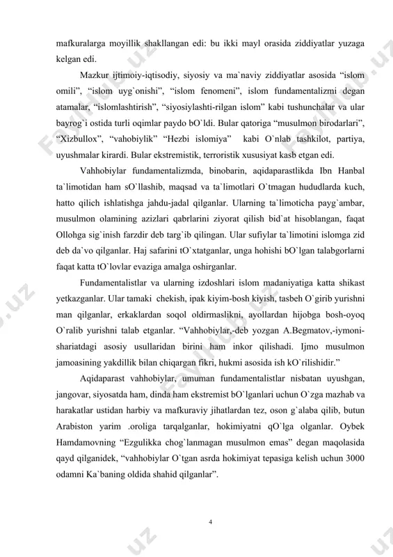 m inkor qilishadi. ijmo musulmon jamoasining yakdillik bilan chiqargan fikri, hukmi asosida ish ko`rilishidir.” aqidaparast vahhobiylar, umuman fundamentalistlar nisbatan uyushgan, jangovar, siyosatda ham, dinda ham ekstremist bo`lganlari uchun o`zga mazhab va harakatlar ustidan harbiy va mafkuraviy jihatlardan tez, oson g`alaba qilib, butun arabiston yarim .oroliga tarqalganlar, hokimiyatni qo`lga olganlar. oybek hamdamovning “ezgulikka chog`lanmagan musulmon emas” degan maqolasida qayd qilganidek, “vahhobiylar o`tgan asrda hokimiyat tepasiga kelish uchun 3000 odamni ka`baning oldida shahid qilganlar”. bunday yovuzliklar haqida tarix tajribasidan ko`plab misollar keltirish mumkin. xulosa shuki, fundamentalizm harakati xanbaliya mazhabi doirasidan kelib chiqqan va turli ko`rinishda rivojlangan. 2.vahhobiylik va boshqa diniy ekstremistik harakatlar, uning ijtimoiy-siyosiy g`oyalari, maqsadlari, ko`rinishlari. ma`lumki, sunizm oqimida faqat 4 mazhab musulmon faqih-lari, mufassirlari, muhaddislari, eng nufuzli ulamolari e`tirof qilgan mazhab deb hisoblanadi. bular xanafiya, molikiya, shofiiyya, xanbaliya bo`lib, ularning ichida eng keng tarqalgani xanafiya mazhabidir. olimlarimizning fikricha, dunyoda 1,2 milliard musul-mon aholisi bo`lib, shundan 92,5 foizini sunniylar tashkil etadi. …