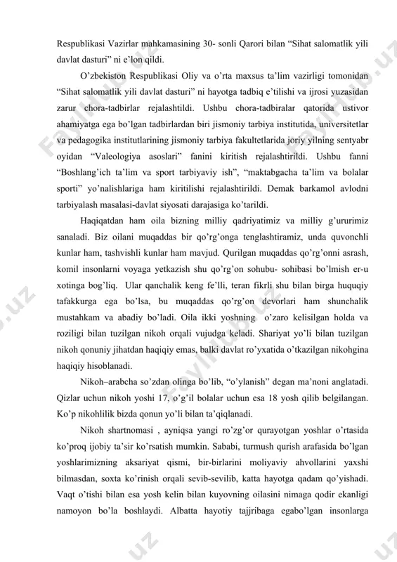 zilgan nikoh qonuniy jihatdan haqiqiy emas, balki davlat ro’yxatida o’tkazilgan nikohgina haqiqiy hisoblanadi. nikoh–arabcha so’zdan olinga bo’lib, “o’ylanish” degan ma’noni anglatadi. qizlar uchun nikoh yoshi 17, o’g’il bolalar uchun esa 18 yosh qilib belgilangan. ko’p nikohlilik bizda qonun yo’li bilan ta’qiqlanadi. nikoh shartnomasi , ayniqsa yangi ro’zg’or qurayotgan yoshlar o’rtasida ko’proq ijobiy ta’sir ko’rsatish mumkin. sababi, turmush qurish arafasida bo’lgan yoshlarimizning aksariyat qismi, bir-birlarini moliyaviy ahvollarini yaxshi bilmasdan, soxta ko’rinish orqali sevib-sevilib, katta hayotga qadam qo’yishadi. vaqt o’tishi bilan esa yosh kelin bilan kuyovning oilasini nimaga qodir ekanligi namoyon bo’la boshlaydi. albatta hayotiy tajjribaga egabo’lgan insonlarga ma’lumki, oila qurishda panja orasidan qarashlilik, yolg’on aralashuvi yaxshi oqibatga olib kelmaydi. sevgi esa, faqat ma’naviy boylikdan emas, balki moddiy boylikdan ham iborat bo’ladi. nikoh shartnomasining afzallik tomoni shundan iboratki, tomonlarning bor imkoniyat darajalarini ro’y-rost ochib beradi. 1998 yil 1-sentyabrdan kuchga kirgan oila kodeksiga nikoh shartnomasi tushunchasi kiritilgan. oila kodeksi loyihasi matbuotda e’lon qilingach …