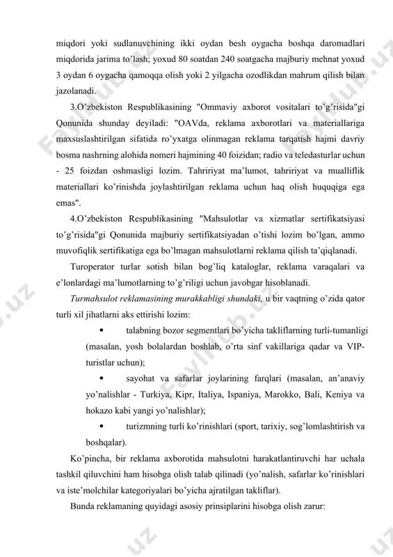 ’lumotlarga qaraganda yaxshi esda qoladi. reklama axboroti maketi va matnini tuzishda asosiy ma’lumot bilan boshlab, u bilan tugatish uchun uni oldindan ajratib olish lozim; · ma’lumotlar odatiy tushunchalarga, ishonchlar, fikrlarga zid bo’lmasa, yengil qabul qilinadi va yaxshi eslab qolinadi; · jamiyat hayotining asosiy tendensiyalari ruhiyatini ham hisobga olish zarur. buning uchun aholi ichida ijtimoiy so’rovlar, ya’ni marketing tadqiqotlarini o’tkazish kerak. faqat shu orqali mijozlarga nima yoqishini bilib olish mumkin. turistik firmadagi reklama bo’yicha taktik qarorlar o’z ichiga 3 blok savollarni oladi: · reklama vositalari yoki reklama tashuvchilarni tanlash; · reklama e’lonlariga to’lovlar va harajatlarni nazorat qilish; · reklama murojaatnomalarining chiqish grafigi. reklama vositalari yoki reklama tashuvchilarni tanlash. bu holda asosiy vazifa nisbatan samarali va tejamli reklama vositasini tanlash hisoblanadi. bunda ma’lumot manbaasini izchil o’rganish zarur, ya’ni iste’molchilar tanlashi mumkin bo’lgan mamlakat, mintaqa, turistik marka yoki kurort haqidagi ma’lumotlarni qayerdan olish mumkinligini aniqlash kerak. reklama vositalari juda ham turli-tuman bo’lishi mumkin. …