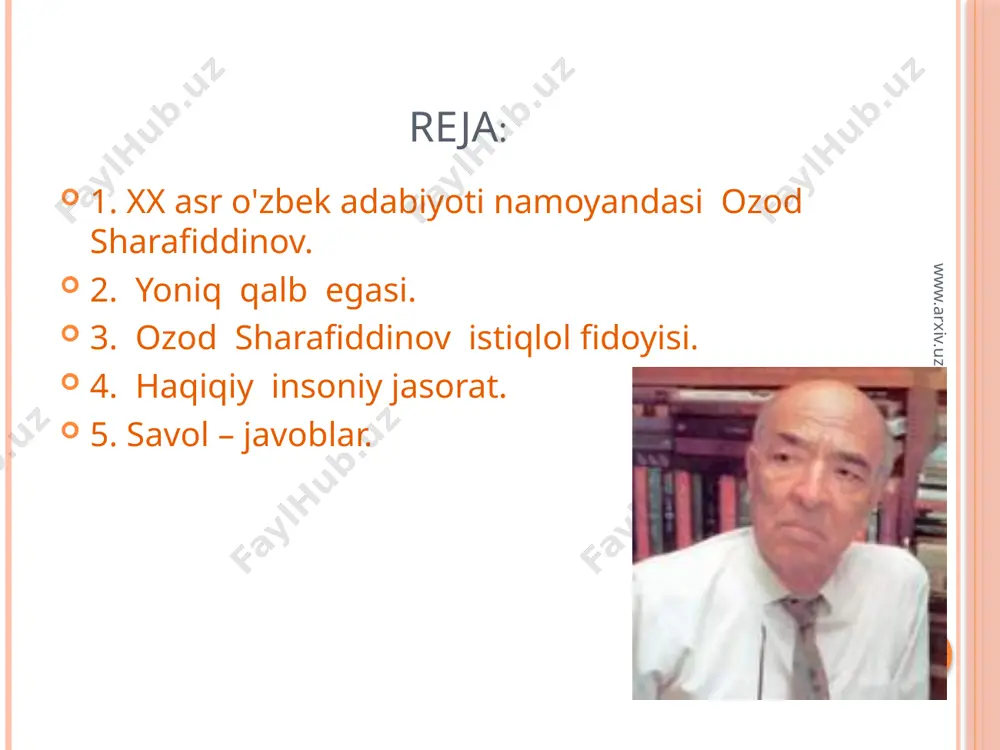 fiddinov xx asrning 60- yillaridan xix asrgacha boʻlgan oʻzbek adabiy jarayonidagi holatlarni «talant – xalq mulki» (1979), «adabiyot – hayot darsligi» (1981), «goʻzallik izlab»(1985), «haqiqatga sadoqat» (1988), «sardaftar sahifalari» (1999), «prezident» (2003) singari asarlarida aks ettirdi. www.arxiv.uz asarlari: o. sharafiddinov. zamon. qalb. poeziya. toshkent, badiiy adabiyot nashriyoti, 1962. o. sharafiddinov. isteʼdod jilolari. toshkent, adabiyot va sanʼat nashriyoti, 1976. o. sharafiddinov. choʻlponni anglash. toshkent, «yozuvchi», 1994. o. sharafiddinov. sardaftar sahifalari. toshkent, «yozuvchi», 1999. o. sharafiddinov. prezident. toshkent, «adolat», 2003. www.arxiv.uz ozod sharafiddinovning ko'plab maqolalari adabiy jamoatchilik orasida birdan og'izga tushar, turli katta-kichik davralarning munozara mavzusiga aylanardi (masalan, "zaharxanda qahqaha" (1962), "hayotiylik jozibasi, sxematizm inersiyasi", "yurtin madhi bo'ldi so'nggi satri ham" (1979), "she'r ko'p, ammo shoir-chi?" (1983), "bir tilda gaplashaylik" (1987) va boshqa maqolalari). vatanimiz mustaqillikka erishgach, olim "yo'lboshchi", "mustaqillik me'mori", "istiqlol jilolalari" (1993) singari maqolalarida, "istiqlol fidoyilari" (1993), "sardaftar sahifalari" (1999), "ma'naviy kamolot yo'llarida" (2001), "dovondagi o'ylar", "ijodni anglash baxti" (2004) …