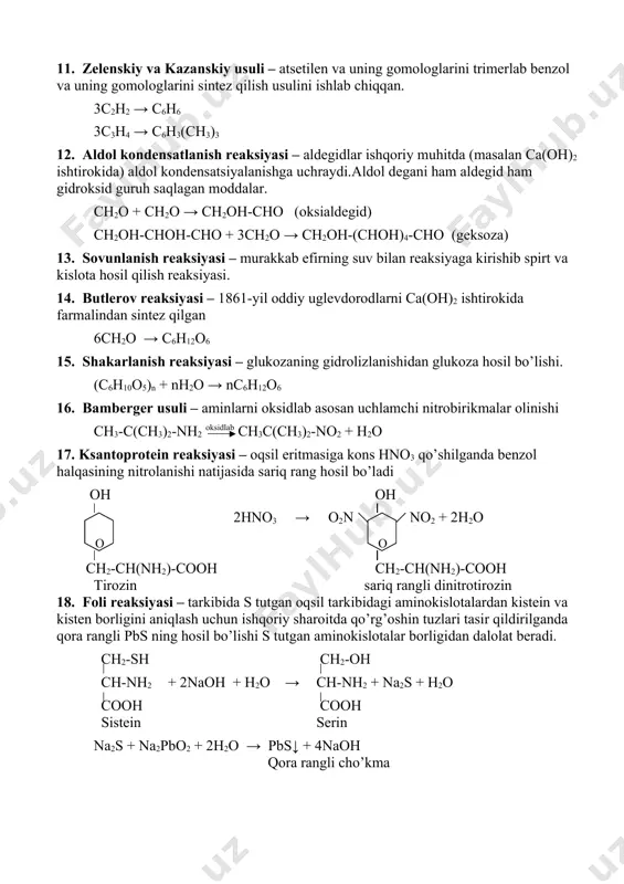cho + 3ch2o → ch2oh-(choh)4-cho (geksoza) 13. sovunlanish reaksiyasi – murakkab efirning suv bilan reaksiyaga kirishib spirt va kislota hosil qilish reaksiyasi. 14. butlerov reaksiyasi – 1861-yil oddiy uglevdorodlarni ca(oh)2 ishtirokida farmalindan sintez qilgan 6сh2o → c6h12o6 15. shakarlanish reaksiyasi – glukozaning gidrolizlanishidan glukoza hosil bo’lishi. (c6h10o5)n + nh2o → nc6h12o6 16. bamberger usuli – aminlarni oksidlab asosan uchlamchi nitrobirikmalar olinishi ch3-c(ch3)2-nh2 oksidlab ch3c(ch3)2-no2 + h2o 17. ksantoprotein reaksiyasi – oqsil eritmasiga kons hno3 qo’shilganda benzol halqasining nitrolanishi natijasida sariq rang hosil bo’ladi oh oh 2hno3 → o2n no2 + 2h2o ch2-ch(nh2)-cooh ch2-ch(nh2)-cooh tirozin sariq rangli dinitrotirozin 18. foli reaksiyasi – tarkibida s tutgan oqsil tarkibidagi aminokislotalardan kistein va kisten borligini aniqlash uchun ishqoriy sharoitda qo’rg’oshin tuzlari tasir qildirilganda qora rangli pbs ning hosil bo’lishi s tutgan aminokislotalar borligidan dalolat beradi. ch2-sh ch2-oh ch-nh2 + 2naoh + h2o → ch-nh2 + na2s + h2o cooh cooh sistein serin na2s + …