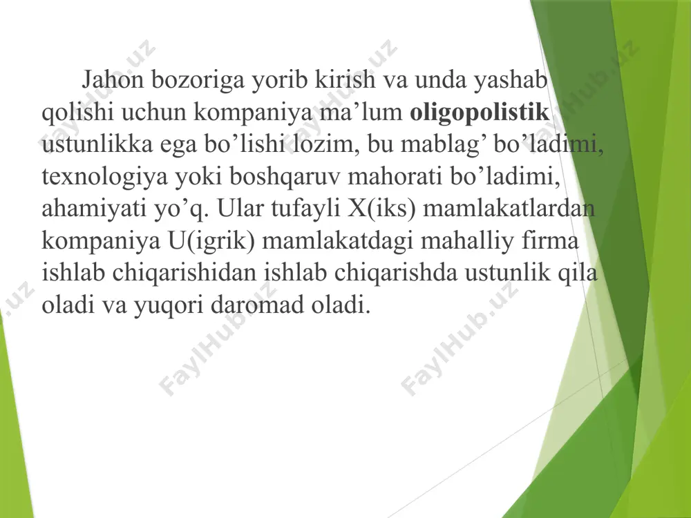 ona oilaviy korxona oila a’zolari tomonidan tavakkal qilib va o‘z mulkiy javobgarligi ostida daromad (foyda) olish maqsadida amalga oshiriladigan tashabbuskorlik faoliyatidir. oilaviy tadbirkorlik yuridik shaxs tashkil etgan yoki tashkil etmagan holda amalga oshirilishi mumkin. yuridik shaxs tashkil etgan holda amalga oshiriladigan oilaviy tadbirkorlikning tashkiliy-huquqiy shakli oilaviy korxonadir. oilaviy korxona faoliyatni faqat yuridik shaxs tashkil etgan holda amalga oshirishi mumkin. oilaviy korxona o‘z mulkida alohida mol-mulkka ega bo‘lishi, o‘z nomidan mulkiy va shaxsiy nomulkiy huquqlarni olishi hamda amalga oshirishi, zimmasiga majburiyatlar olishi, sudda da’vogar va javobgar bo‘lishi mumkin. oilaviy korxona o‘z majburiyatlari bo‘yicha qonunga muvofiq undiruv qaratilishi mumkin bo‘lgan o‘ziga tegishli barcha mol-mulk bilan javob beradi. oilaviy korxona (ish beruvchi) va oilaviy korxonaning yollanma xodimi o‘rtasidagi mehnatga oid munosabatlar mehnat to‘g‘risidagi qonunchilikka muvofiq mehnat shartnomasi (kontrakt) bilan tartibga solinadi. mas’uliyati cheklangan jamiyat bir yoki bir necha shaxs tomonidan ta’sis etilgan, ustav fondi (ustav kapitali) ta’sis hujjatlari bilan belgilangan miqdorlarda ulushlarga bo‘lingan …