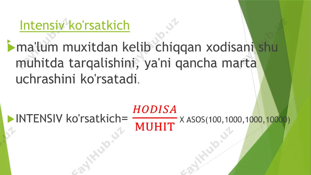 rlar orasidagi korrelyatsiya koeffitsiyentini xisoblash uchun qo'llaniladi koorelyatsiya koefitsentini baholash usullari: yo’nalishi bo’yicha: to’g’ri( +); teskari(-); kuchi bo’yicha: kuchli ( 0,7 dan 1,0 gacha); o’rta ( 0,3 dan 0,7 (0,69(9)) gacha); kuchsiz (0 dan 0,3 (0,29(9)) gacha. yo’nalishi kuchi to’gri(+) teskari(-) kuchsiz 0 dan +0,3 gacha(+0,29(9)); 0 dan -0,3 gacha(-0,29(9)); o’rta +0,3 dan +0,7 gacha(+0,69(9)); -0,3 dan -0,7 gacha(-0,69(9)); kuchli +0,7 dan +1,0 gacha; -0,7 dan -1,0 gacha; koorelyatsiya koefitsentini baholash regressiya koeffitsiyenti bir belgining kattaligini ma'lum o'lchov birligiga o'zgarish bilan, ikkinchi belgini kattaligini shunga mos xolda o'zgarishga regressiya deyiladi. standartlashtirish usuli biror bir xodisani o'rganish, uni bir necha majmualardagi kattaliklarini taqqoslash uchun odatda intensiv ko'rsatkichlardan foydalanishadi, ammo ko'pincha intensiv ko'rsatkichlarga o'rganilayotgan majmualarning tarkibi ta'sir ko'rsatadi. bir necha majmualardan olingan biror bir xodisaning kattaliklarini o'zaro taqqoslash va majmualar tarkibini taqqoslanayotgan ko'rsatkichlarga ta'mirini yo'qotish uchun sanitariya statistikasida standartlash usuli qo'llaniladi standartlash usuli yordamida xar-xil majmualardagi bir xil xodisaning kattaliklarini bir-biriga taqqoslash …