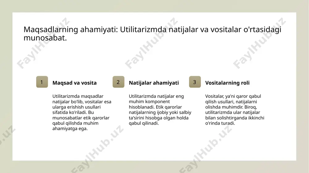 itarizmda maqsadlarning ahamiyati, natijalarga erishishdagi muhim rolini belgilaydi va etik qarorlarni shakllantiradi. vositalarning roli etik qaror qabul qilish jarayonida vositalar, maqsadlarga erishish uchun zaruriy vosita sifatida baholanadi va ularning ta'siri muhimdir. natijalar ustuvorligi natijalar ustuvorligi, utilitarizmning asosiy tamoyillaridan biri bo'lib, ijtimoiy va madaniy kontekstda ahamiyatini oshiradi. e'tiboringiz uchun rahmat!