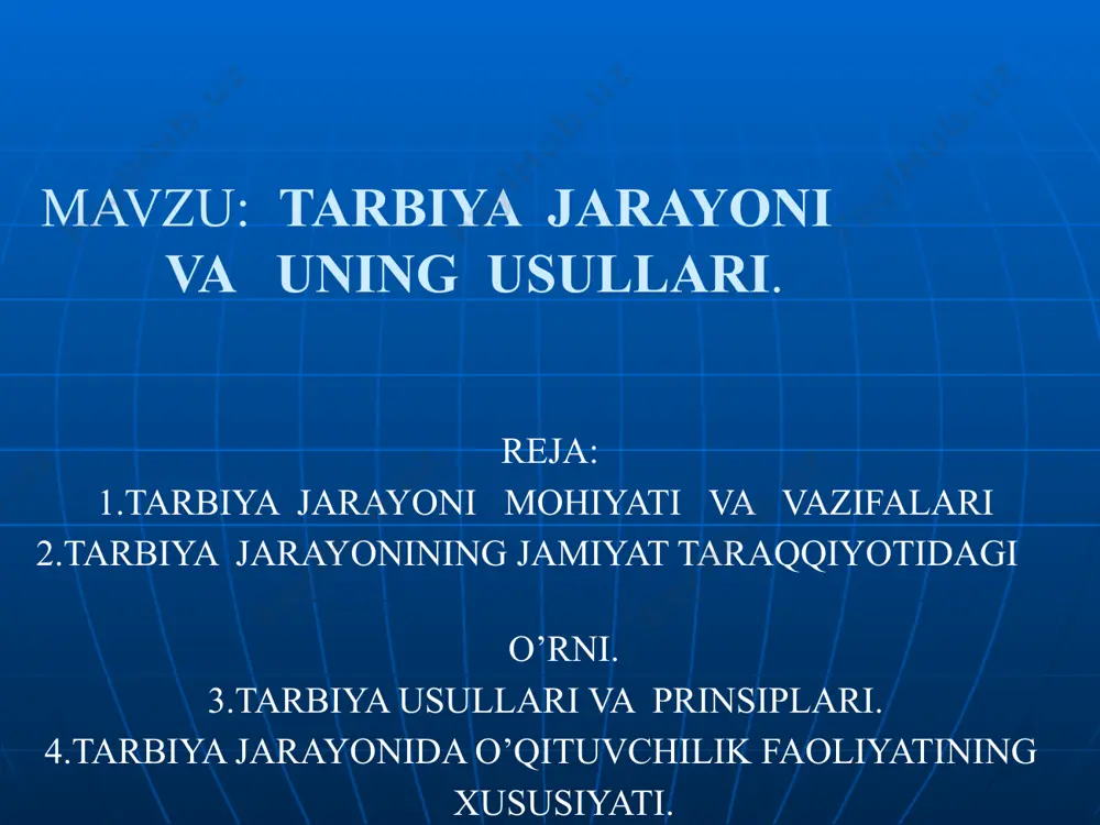 shaxsiy mulohazalarini,e’tiqodini tarkib toptiradi.natijada bola shaxsini har tomonlama rivojlantirishga qaratilgan tarbiyaviy jarayon o’z-o’zini tarbiyalash jarayoniga aylanadi. o’rgatish usuli yoshi va tarbiya sharoitlariga qarab o’zgarib turishi mumkin. tarbiyachi ma’lum bir topshiriqni (tuvakdagi gullarga suv quyish, parvarish qilish, sinfda tozalikka rioya qilishni kuzatib borish va hokazo) berishi mumkin.o’quvchi bu topshiriqni bajarish davomida zarur ahloq-odob qoidalrini egallab oladi. ibrat-namuna usuli. bolalar tarbiyasida ibrat-namunaning ahamiyati kattadir. bu usul bolalardagi taqlidchanlikka asoslanadi. taqlid boshqalarning xulq-atvorini,yurish-turishini ongli yoki ixtiyorsiz ravishda takrorlash demakdir. odatda bolalar o’zlarining yaqinlari,atrofdagi kishilarning xulq-atvorini va xatti-xarakatlarini kuzatib boradilar,ularga taqlid qiladilar.bolalardagi bu xususiyatlar shuni ko’rsatadiki, ularning axloq-odob qoidalarini o’zlashtirishi, axloqiy tasavvurlarni hosil qilishi ana shundan,ya’ni ibratdan boshlanadi. dastlab bola oila a’zoridan ibrat ola boshlaydi.ota-ona va oilaning katta yoshdagi a’zolari namunasi kichik yoshdagi bolaga tarbiyaviy ta’sir ko’rsatishda asosiy manbadir. bola katta bo’lib es-hushini taniy boshlagan sari yurish-turish,muomala-munosabatda o’z nuqtai nazari va fikriga tayanib ish qiladi. u kattalarning xulq-atvori va yurish-turishlariga ko’proq tanqidiy ko’z bilan …