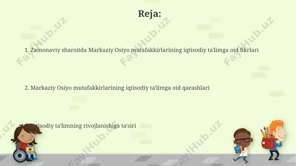i, iqtisodiy fanlar bo'yicha o'qitish uslublari, 30% hollarda, qiz bolalarga nisbatan o'g'il bolalarga ko'proq moslashtirilgan, bu esa gender tengsizligini kuchaytiradi. inson kapitali va iqtisodiy o'sish iqtisodiy o'sish modeli sifatida inson kapitaliga investitsiyalarni ko'paytirish, mehnat unumdorligini 10% ga oshirish orqali yaimni 5-7% ga ko'paytirishga olib kelishi mumkin. inson kapitalining samaradorligini oshirish uchun 30% ga yaqin investitsiyalar ta'lim va kasb-hunar o'qitishga yo'naltirilishi iqtisodiy o'sish sur'atlarini 1,5-2 baravar tezlashtirishi mumkin. kelajakdagi istiqbollar va tavsiyalar iqtisodiy ta'lim samaradorligini oshirish maqsadida, 2025 yilgacha 30% o'qituvchilarni qayta tayyorlash va malakasini oshirish rejalashtirilgan. tadqiqotlar shuni ko'rsatdiki, iqtisodiy savodxonlik darajasini oshirish orqali, 2030 yilga kelib, mamlakat yaimini 15% ga oshirish mumkin. markaziy osiyo mutafakkirlari iqtisodiy ta'lim haqidagi qarashlari markaziy osiyo mutafakkirlari iqtisodiy ta'limni 21-asr ko'nikmalarini, xususan, raqamli savodxonlik va ma'lumotlar tahlili kabi muhim jihatlarni o'z ichiga olishi kerak, deb hisoblashadi. ba'zi mutafakkirlar iqtisodiy ta'limda amaliy mashg'ulotlar va biznes simulyatsiyalarining 30% dan ortiq qismini ajratishni, nazariy bilimlarni esa 70% …