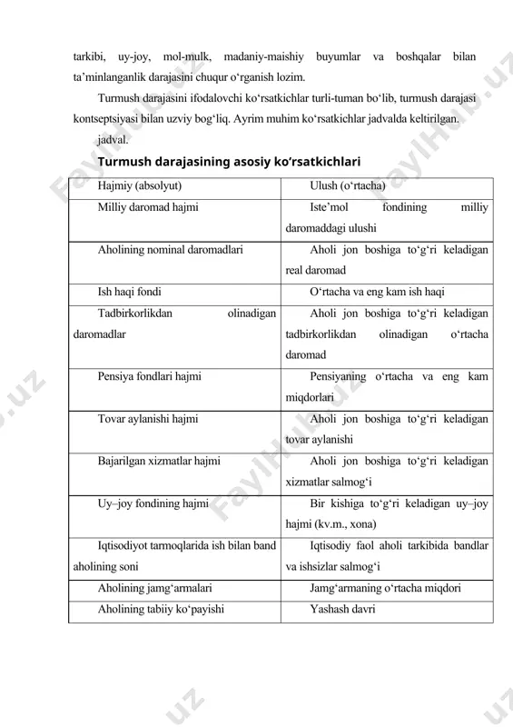 atistik ko‘rsatkichlar va boshqalar. turmush darajasi ko‘rsatkichlari umumiy va xususiy turlarga ajratiladi. umumiy ko‘rsatkichlarga 1)milliy daromad; 2)iste’mol fondi (iqtisodiyot tarmoqlarining bevosita iste’molga yo‘naltirilgan mahsulotlari); 3)milliy boyliklar iste’mol fondi (to‘plangan iste’mol mulklari – turar joylar, madaniy-maishiy binolar, buyumlar) kabilarning aholi jon boshiga to‘g‘ri keladigan ulushi kiritiladi. bu ko‘rsatkichlar jamiyat ijtimoiy-iqtisodiy taraqqiyotining umumiy darajasini ifodalaydi. xususiy ko‘rsatkichlardan 1)iste’mol darajasi va usullari; 2)mehnat sharoitlari; 3)turar joy ta’minoti va maishiy qulayliklar; 4)ijtimoiy-madaniy xizmat ko‘rsatish darajasi; 5)bolalarni tarbiyalash sharoitlari; 6)ijtimoiy ta’minot va boshqalarni keltirib o‘tish mumkin. mazkur ko‘rsatkichlar ijtimoiy taraqqiyot bilan bog‘liq, ammo aholi (mexnatkashlar)ning ma’lum guruhlari, hudud va boshqalar bo‘yicha aniqlashtirilgan. iqtisodiy ko‘rsatkichlar inson va jamiyat hayotining iqtisodiy jihatlarini, ehtiyojni qondirishning iqtisodiy imkoniyatlarini ifodalaydi. jamiyat iqtisodiy taraqqiyoti va har bir insonning farovonligi (nominal va haqiqiy daromadlar, ish bilan bandlik va boshqalar) darajasini aks ettiruvchi ko‘rsatkichlar iqtisodiy ko‘rsatkichlar sirasiga kiritiladi. bu ko‘rsatkichlar ishchi kuchini (aholini) takror ishlab chiqarish bilan uzviy bog‘liq bo‘lib, uning iqtisodiy asoslarini …