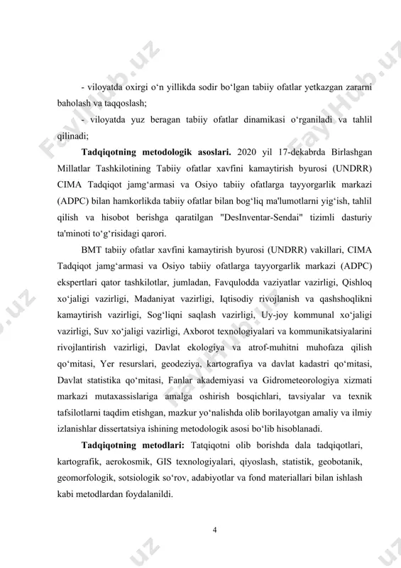 ng metodlari: tatqiqotni olib borishda dala tadqiqotlari, kartografik, aerokosmik, gis texnologiyalari, qiyoslash, statistik, geobotanik, geomorfologik, sotsiologik so‘rov, adabiyotlar va fond materiallari bilan ishlash kabi metodlardan foydalanildi. muammoning o‘rganilganlik darajasi. tabiiy ofatlar va ularni bartaraf etishni o‘rganish borasida juda ko‘p tadqiqot ishlari olib borilgan. shu vaqtga qadar aynan jizzax viloyati bo‘yicha alohida tadqiqot ishlari olib borilmagan, o‘zbekiston miqyosida olib borilgan tadqiqotlarda qisqacha to‘xtalib o‘tish bilan cheklangan. tabiiy ofatlar va ularni bartaraf etish yo‘llari haqida, mahalliy olimlardan kengroq yoritilgan ish topilmadi. mdh davlatlari olimlari ishlaridan quyidagilarni misol keltirib o‘tishimiz mumkin. в.с. пушкарь, м.в. черепанова экология: природные катастрофы и их экологические последствия (2003), в.а.акимов, ю.и. соколов глобальные и национальные приоритеты снижения риска бедствий и катастроф (2016), руководство по снижению риска стихийных бедствий на уровне сообщества в центральной азии (2006), в.г. бондур , к.я. кондратьев, в.ф. крапивин (2004-2012), alimqulov n jizzax viloyatining landshaftlar ekologiyasi 2009 yil, ismatov n.i(1970) turkiston tizmasini geomorfologik rayonlashtirish va eroziya …