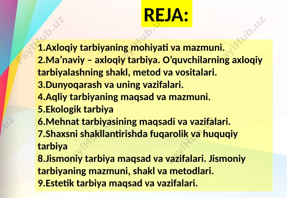 shakllaridan biri, ijtimoiy tartib-qoida bo’lib, bu tartib-qoida ijtimoy hayotning barcha sohalarida kishilarning xatti-harakatini tartibga solish vazifasini bajaradi. axloq omma faoliyatini tartibga solishning boshqa shakllari (o’quv, ishlab chiqarish, xalq anhanalari) da o’z talablarining asoslanishi, amalga oshirilishi va omma fikri asosida tartibga solinishi bilan farq qiladi. axloq talablari barchaga taalluqli, biroq hech kim-ning ko’rsatmasi, hech qanday maxsus buyruq asosida bajarilmaydigan, ixtiyoriy amalga oshiriladigan burch shakliga kiradi. axloq talab-larining bajarilishi faqat ma’naviy ta’sir ko’rsatish shakllari doirasida yuz beradi. what are the religious and moral assessment? religious and moral education of children and young people's knowledge and assessment of the outlook. readers as part of a research study to collect evidence and to practice their traditions, beliefs and values, through the use of a specific assessment vazifalarnidan skills. in addition, since the early years of the evaluation of the knowledge and skills of children and young people to discuss the further development of news, …