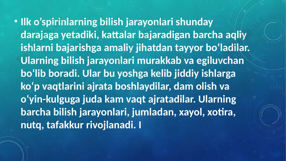 ib yengishga qobildirlar. ilk o‘spirinlarning ayrimlarida diqqatning tanlovchanligi shu narsada ham ko‘rinadiki, ular o‘quv materialini idrok qilar ekanlar, hamma vaqt uning ahamiyatiga baho berishga, uni amaliy jihatdan ahamiyatliligi nuqtayi nazaridan idrok qilishga harakat qiladilar. foydalanilgan adabiyotlar 1. ta’lim to‘g‘risida. o‘zbekiston respublikasining qonuni. – t.: o‘zbekiston, 2020. 2. mirziyoev sh.m. buyuk kelajagimizni mard va olijanob xalqimiz bilan quramiz. – t.:o‘zbekiston, 2017. 3. davletshin m.g. va boshqalar. «yosh davrlar va pedagogik psixologiya». — т.: tdpu. 2009. 4. karimova v.m., sunnatova r.i., tojibayeva r.n. mustaqil fikrlash. — т.: sharq. 2000. 5. nishanova z.t. mustaqil ijodiy fikrlash. — т.: fan. 2003. image2.png image3.png image4.jpeg image5.jpeg image6.jpeg /docprops/thumbnail.jpeg