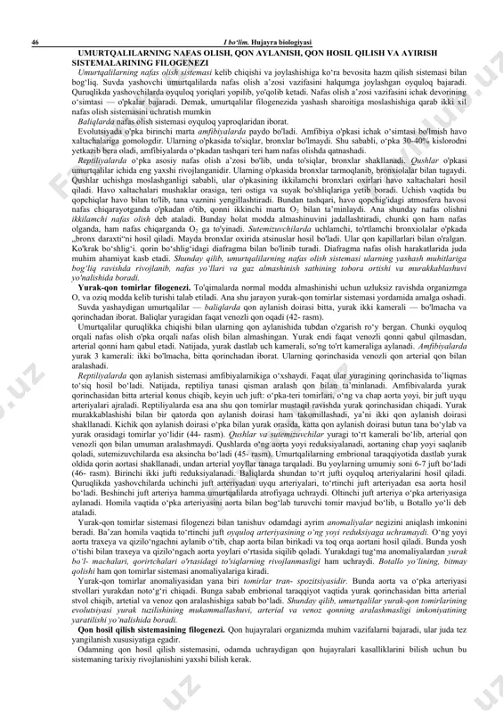 iladi, lekin yetuk organizmlarda saqlanmaydi. ularga provizor a’zolar: amnion, xorion, allontois, sariqliq qopchasi, platsenta misol bo'la oladi. sunday qilib, senogenezlar ontogenezning ilk bosqichlarida adaptiv ahamiyatga ega. filembriogenezlar yangi hosil bo‘ladigan o‘zgarishlarning ikkinchi xili bo‘lib, ular homila davrida hosil bo‘lsa ham ularning adaptiv ahamiyati yetuk organizmlarda namoyon bo‘ladi. masalan, sutemizuvchilarda jun qoplami kurtaklari embriogenezning ilk bosqichlarida paydo bo‘ladi, lekin uning ahamiyati yetuk organizmda yuzaga chiqadi. filembriogenezlar to‘g‘risidagi ta’limotni rus olimi a.n.seversov yaratgan. filembriogenez qanday bosqichlarda yuzaga chiqishiga qarab 3 tipga ajratiladi: 1. anaboliyalar — homila rivojlanishi oxirida, a’zo deyarli to‘liq rivojlanib bo‘lganidan keyin kelib chiqadigan o'zgarishlar. ularga odam homilalarida miya qutisi choklari birikishi, qon tomirlarining qayta taqsimlanishiga ta’sir qiluvchi o‘zgarishlarni misol qilish mumkin. 2. deviatsiya — embriogenezning o‘rta bosqichlarida kuzatiladi. bunga sutemizuvchilar va odamda yurak qorinchalari orasida to'siqning hosil bo'lishi misoldir. 3. arxallaksis — embriogenezning ilk bosqichlarida hosil bo‘ladi, yangi kurtaklar rivojlanadi. uning misoli sifatida sutemizuvchilarda jun qoplami kurtaklari hosil bo'lishini …