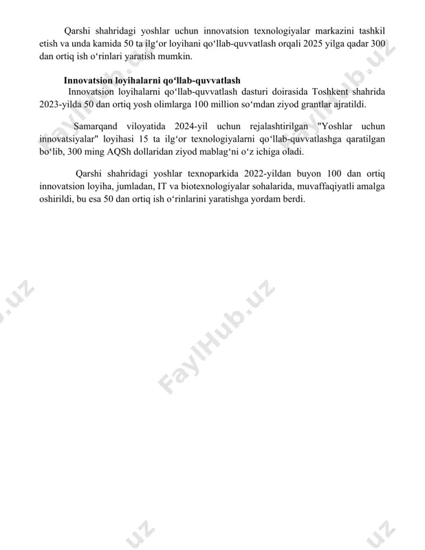 yirik universitetida stem sohalariga ixtisoslashgan 1000 nafarga yaqin yosh olimlarni qoʻllab-quvvatlash va ularning samarqanddagi xalqaro tadqiqot markazlarida ishlash imkoniyatlarini kengaytirish zarur. qarshi shahridagi yoshlar uchun innovatsion texnologiyalar markazini tashkil etish va unda kamida 50 ta ilgʻor loyihani qoʻllab-quvvatlash orqali 2025 yilga qadar 300 dan ortiq ish oʻrinlari yaratish mumkin. innovatsion loyihalarni qoʻllab-quvvatlash innovatsion loyihalarni qoʻllab-quvvatlash dasturi doirasida toshkent shahrida 2023-yilda 50 dan ortiq yosh olimlarga 100 million soʻmdan ziyod grantlar ajratildi. samarqand viloyatida 2024-yil uchun rejalashtirilgan "yoshlar uchun innovatsiyalar" loyihasi 15 ta ilgʻor texnologiyalarni qoʻllab-quvvatlashga qaratilgan boʻlib, 300 ming aqsh dollaridan ziyod mablagʻni oʻz ichiga oladi. qarshi shahridagi yoshlar texnoparkida 2022-yildan buyon 100 dan ortiq innovatsion loyiha, jumladan, it va biotexnologiyalar sohalarida, muvaffaqiyatli amalga oshirildi, bu esa 50 dan ortiq ish oʻrinlarini yaratishga yordam berdi. 📌xulosa ўзбекистонда ёшлар сиёсати ва илм-фаннинг ривожланиши ўзаро боғлиқ бўлиб, мамлакат келажаги учун муҳим омил ҳисобланади. ёш олимларни қўллаб-қувватлаш ва илмий салоҳиятни ошириш орқали мамлакат …