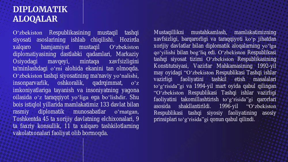 marqandda bmt homiyligida “markaziy osiyo: yagona tarix va umumiy kelajak, barqaror rivojlanish va taraqqiyot yo‘lidagi hamkorlik” mavzusida anjuman bo‘ldi. unda 500 nafar xorijiy ishtirokchilar qatnashdi y a n g i d a v r o’zbekiston- qozog’iston aloqalari o‘zbekiston - qozog‘iston. o‘zbekistonning qozog‘iston bilan ikki tomonlama munosabatlari 1992-yil iyunda turkiston shahrida o‘zbekiston prezidentining qozog‘istonga rasmiy davlat tashrifi paytida n.nazarboyev bilan i.karimov tomonidan imzolangan o‘zbekiston respublikasi bilan qozog‘iston respublikasi o‘rtasida do‘stlik va hamkorlik to‘g‘risidagi shartnoma asosida mustahkamlanib bordi. qozog‘iston prezidenti n.nazarboyev 1994-yil yanvarda rasmiy davlat tashrifi bilan o‘zbekistonda bo‘ldi. ikki prezident o‘zbekiston bilan qozog‘iston o‘rtasida tovarlar, xizmatlar, sarmoyalar va ishchi kuchlarning erkin o‘tib turishini nazarda tutuvchi hamda o‘zaro kelishilgan kredit, hisob-kitob, budjet, soliq, narx, boj va valuta siyosatini ta'minlash to‘g‘risida shartnomani imzoladilar. 1998-yil oktabrda o‘zbekiston va qozog‘iston o‘rtasida abadiy do‘stlik shartnomasi imzolandi. o‘zbekiston va qozog‘iston prezidentlarining toshkentda 2000-yil bo‘lgan uchrashuvida ikki davlat chegaralarini aniq belgilab olishga bag‘ishlangan uchrashuvi bo‘ldi. muzokaralar yakunida “o‘zbekiston …