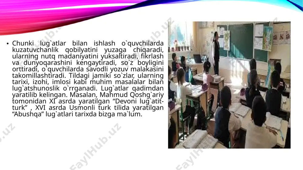 chi lug`atlarga murojaat qilmaydi. ma’lum bir so`zning imlosi, ma`nosi, ma`nodoshi, qarama-qarshi ma`nosi, uyadoshini bilish zaruriyati ehtiyojni vujudga keltiradi. boshlang`ich sinf o`quvchilarining lug`atlar ustida ishlash jarayonida kreativligini oshirish uchun quyidagi metodlarni qo`llash yaxshi samara beradi: 1. badiiy asar o`quvchilar nutqini oshirish uchun eng muhim va ishonarli manbadir. o`qituvchi hafta davomida o`quvchilarga turli ertaklarni o`qittirib, notanish bo`lgan so`zlarni ajratib, uning ma`nosini tushintirishi va kelasi badiiy asarni o`qilguncha bu so`zlarni yozdirib yodlattirishi zarur. chunki, bolalar o`zbek tilini yuksak badiiy obrazlar orqali o`zlashtiradilar. 2.o'quvchilar lug'atiga aniqlik kiritish. bu o'z ichiga quyidagilarni oladi: 1)o'quvchi puxta o'zlashtirmagan so'zlarning ma'nosini to'liq o'zlashtirish, ya'ni shu so'zlarni matnga kiritish, ma'nosi yaqin so'zlarga qiyoslash, antonim tanlash yo'llari bilan ularning ma'nosiga aniqlik kiritish; 2) so'zning kinoyali ma'nosini, ko'p ma'noli so'zlarni o'zlashtirish; 3) so'zlarning sinonimlarini, sinonim so'zlarning ma'no qirralarini o'zlashtirish; 4) ayrim frazeologik birliklarning ma'nosini o'zlashtirish. 5) lug'atni faollashtirish, ya'ni o'quvchilar ma'nosini tushunadigan, ammo o'z nutq faolyatida ishlatmaydigan nofaol lug'atidagi so'zlarni faol …