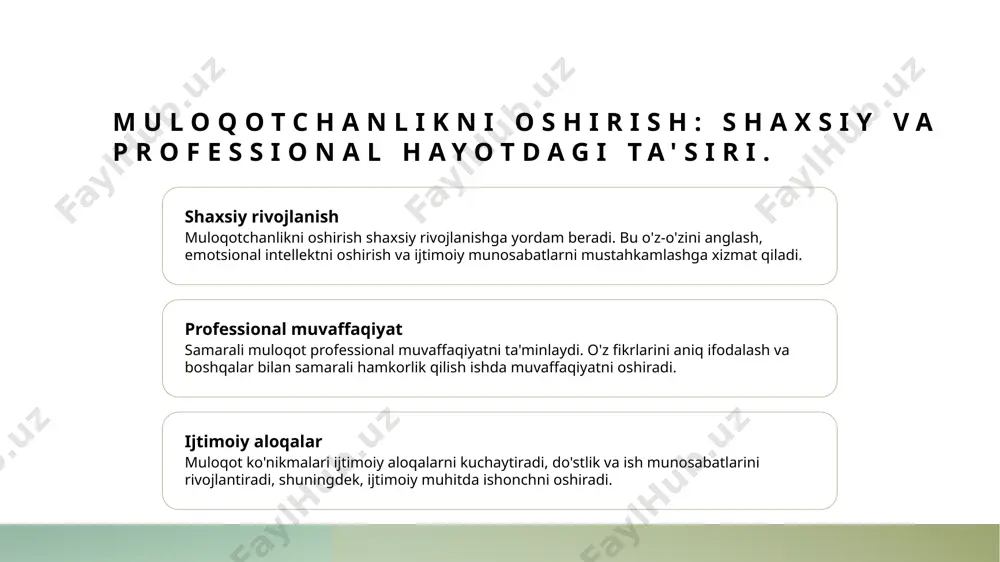 laydi. madaniyatlararo muloqot: o'zbek kontekstida muhim jihatlar. 1 madaniyatlararo muloqot madaniyatlararo muloqot, turli madaniyatlar o'rtasida samimiy tushunish va hurmatni rivojlantirishga yordam beradi, bu esa muhim ijtimoiy ko'nikmadir. 2 o'zbek madaniyatining o'ziga xosligi o'zbek madaniyati ko'plab an'analar, urf-odatlar va qadriyatlarni o'z ichiga oladi, bu esa muloqotda maxsus kontekst va tushunchalarni talab qiladi. 3 tushunish va qabul qilish madaniyatlararo muloqotda tushunish va qabul qilish jarayonlari muhim, chunki bu insonlar o'rtasidagi o'zaro hurmatni oshiradi va fikrlar almashinuvidir. 4 muloqotda tilning roli o'zbek tilining leksik va frazeologik xususiyatlari muloqotda nozikliklarni anglashda yordam beradi, bu esa madaniyatlararo muloqotni yengillashtiradi. o'zbek muloqotining psixologik jihatlari: tushunish va qabul qilish. 1 o'zbek muloqotining o'ziga xosligi - o'zbek muloqoti, an'anaviy qadriyatlar va madaniyatga asoslangan, o'zaro tushunishni kuchaytiradi, bu esa muloqot jarayonida muhim ahamiyatga ega. 2 tushunish jarayoni - o'zbek muloqotida tushunish jarayoni, kontekstga asoslangan, so'zlar va imo-ismolar orqali ijtimoiy aloqalarni mustahkamlashda muhim rol o'ynaydi. 3 qabul qilish mexanizmlari - …