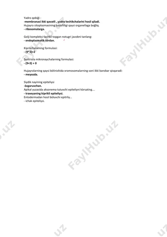 tsitlar. bazofil leykositlardagi donachalarning metaxramaziyasi boĝliq: -geparinga. normal eritrotsitlarning shakli: - diskotsit. etuk odam qonidagi limfotsitlarning miqdori: -20-35. eritrotsitlarning yosh shakllari. - retikulotsitlar. plazmolemma qanday vazifani bajarmaydi: - oqsil sintezi doimiy bo'lmagan hujayra ehtiyoji uchun sintezlanadigan metobolitik xolatlarga boĝliq bòlgan komponent: - kiritmalar lizosomalarning turlarini kòrsating notugri javobni tanlang. - turtlamchi yadroning tarkibiy qisimlarini notuĝrisini kòrsatin. - sitoplazma hujayra bo'linish dukining shakillanishida qaysi organellalar ishtirok etadi. - sentriolalar hujayra yadrosining xromatinining tarkibi: - dnk va xromosoma oqsillari. sillik endoplazmatik turning vazifalariga kirmaydi: - oqsil sintezi. mitoxondriyalarga xos bòlmagan xususiyat: - gormon sintezlaydi. umumiy tuzilishiga ega bòlib ma'lum bir funksiyani bajarishga ixtisoslashgan hujayra va hujayra bòlmagan tuzilmalarga aytiladi: - tòqima. kòp yadroli protoplazmatik tuzilmalar bular: - simplastlar. qaysi organoid moddalarni hujayra ichida xazm qilinishida qatnashadi: - lizosoma. yadrocha quyidagi vazifani bajaradi: - r-rnk sintezlash. qaysi organoid moddalarni hujayra ichida xazm qilinishida qatnashadi: - lizosoma. mitoxondriyalarda tafovut qilinadi: - tashqi va ichki …