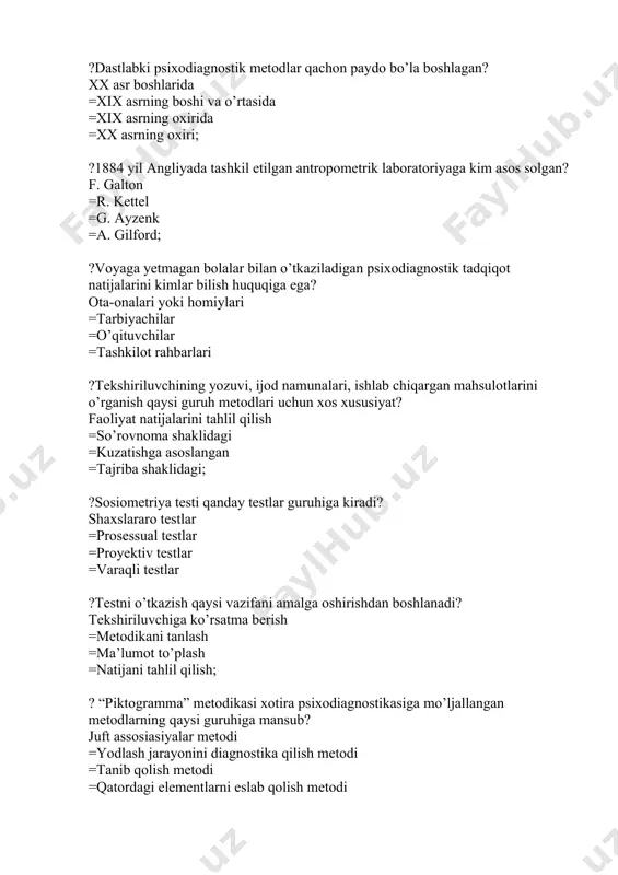 -10 yoshlarda =3-9 yoshlarda ?qanday holda yangi test validlikka ega deb hisoblanadi yangi va eski testlar o‘tkazilganda test natijalari bir-biriga mos tushsa. =agar testdagi natijalar har xil sinaluvchiga mos tushsa. =agar testlar har xil guruhdagi kishilarga tavsiya etilsa. =test o‘tkazish protsedurasi yuqori darajaga ko‘tarilgan bo‘lsa. ?amerikalik psixologlar r.kettel va d.karl intellektni tashkil qiluvchi qanday tarkibni ajratib ko‘rsatadi flyudli va kristallashgan. =magnitli, faktorli. =ishonchli va validli. =asosli va mantiqli. ?t. gilfordni intellekt modeli qanday faktorlardan iborat fazoviy qobiliyat, idrokning tezligi sonli materialni o‘rganish yengilligi, so‘zlarni tushuntirish, assotsiativ xotira, nutqning o‘ynoqligi, mulohaza qilish. =assotsiativ xotira, nutqning o‘ynoqligi, fikr yuritishning tezligi. =fazoviy qobiliyat, idrokning tezligi sonli materialni o‘rganish =idrokning tezligi sonli materialni o‘rganish ?psixodiagnostika nimani o‘rganadi? shaxs individual-psixologik xususiyatlarini o‘lchash va aniqlash metodlarini ishlab chiqishni. =rivojlanish dinamikasi va ularga ta’sir etuvchi omillarni. =o‘quvchilardagi tipologik buzilishlarni. =o‘quvchi shaxsini va uning individual xususiyatlarini ?psixodiagnostika fanining birinchi davri qaysi yillarin o‘z ichiga oladi? 1920-1936 yillarni =1910-1916 …