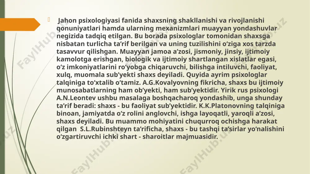 iologik asosini asab tizimining tiplari, oliy asab faoliyati qonuniyatlari tashkil etadi. temperament to‘rtta asosiy tipga ajratiladi: sangvinik (xushchaqchaq), flegmatik (bo‘shang, og‘ir), melanxolik (g‘amgin), xolerik (qiziqqon). temperament shaxsning bama’niligini; dunyoqarashi, nuqtai nazari, e’tiqodi, qiziqishlari va hokazolarini ko‘rsatuvchi belgi emas. sangvinik - juda faol, har bir narsaga ham qattiq kulaveradi, yolg‘on dalillarga jahli chiqadi. ob’yektlar, ma’ruzalar diqqatini tez jalb etadi. imo - ishorani ko‘p ishlatadi, chehrasiga qarab kayfiyatini anglab olish qiyin emas. juda sezgir bo‘lishiga qaramay kuchsiz ta’sir (qo‘zg‘atuvchilar)ni seza olmaydi, serg‘ayrat, ishchan, toliqmas. faollik bilan reaktivlik munosabati muvozanatda, imtizomli, o‘zini tiya biladi, boshqara oladi. xatti - harakati jo‘shqin, nutq sur’ati tez, yangilikni tez payqaydi, aql - idroki tiyrak, topqir, qiziqishlari, kayfiyati, intilishlari o‘zgaruvchan. ko‘nikma va malakalarni tez egallaydi. ko‘ngli ochiq, dilkash, muloqotga (muomalaga) tez kirishadi. xayoloti (fantaziyasi) yuksak darajada rivojlangan, tashqi ta’sirlarga hozirjavob va hokazo. xolerik - sust senzitivlik xususiyatiga ega. juda faol va reaktiv. ko‘pincha reaktivligi faolligidan ustun keladi. betoqat, …